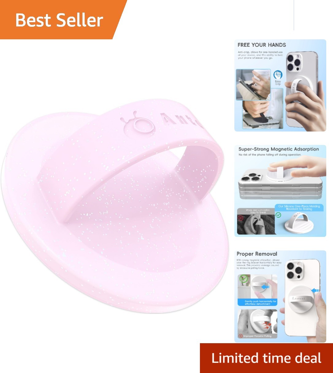 MagSafe-Compatible Magnetic Phone Grip in Pink Glitter – Comfy Silicone Design