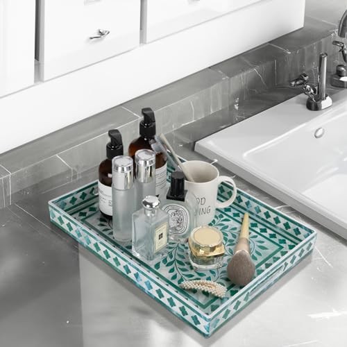 Rectangular Decorative Tray, Plastic Serving 15.7" x 11.8" x 1.6" Floral Green