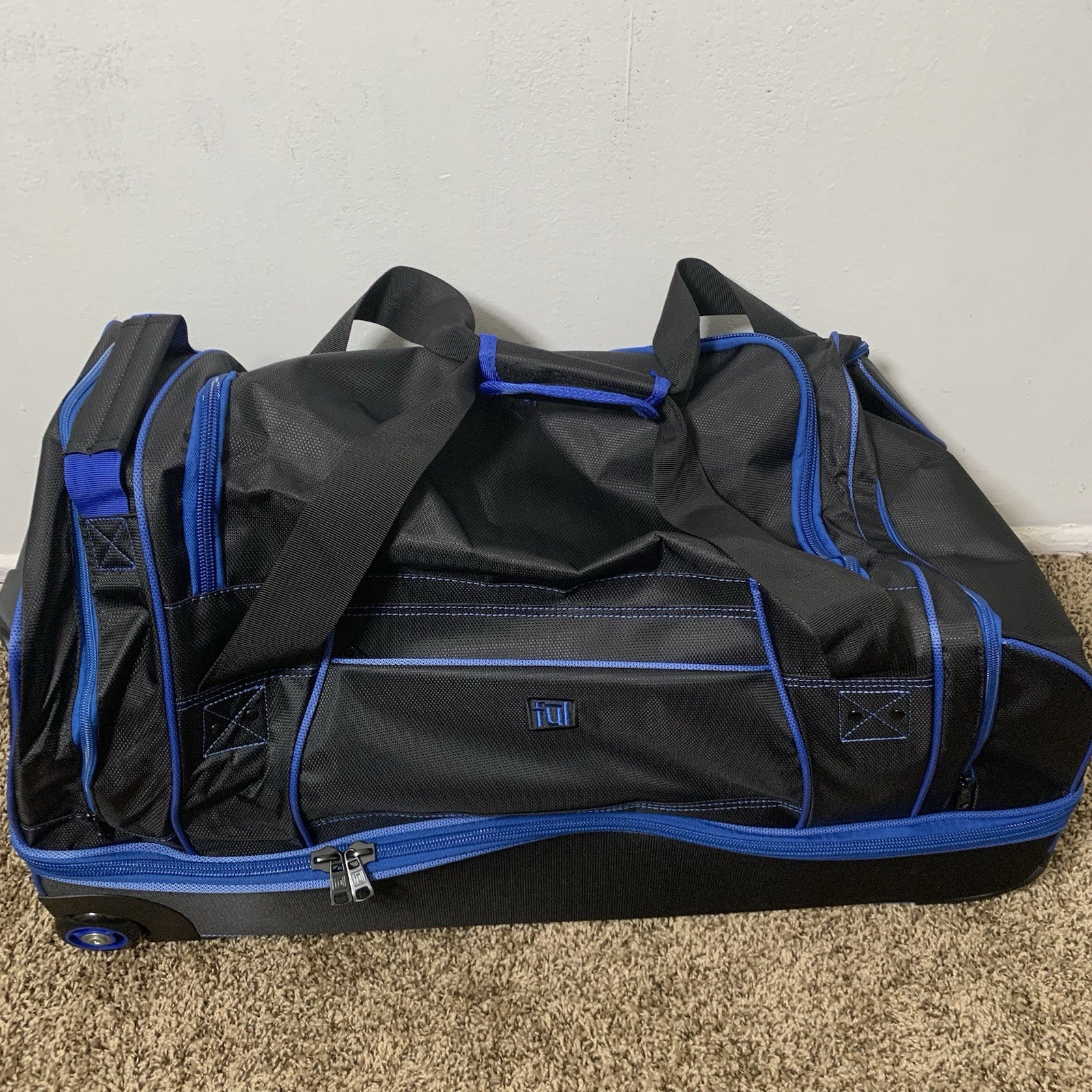 FŪL - Full Split Level Rolling Duffle Luggage Bag with Wheels - Black / Blue