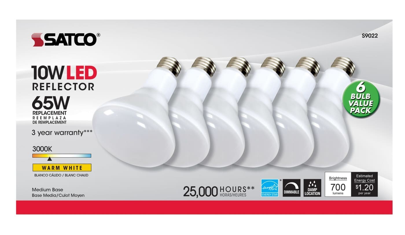 SATCO S9022 - 10 Watt BR30 LED Dimmable Light Bulbs - 3000K  (6 Bulbs)