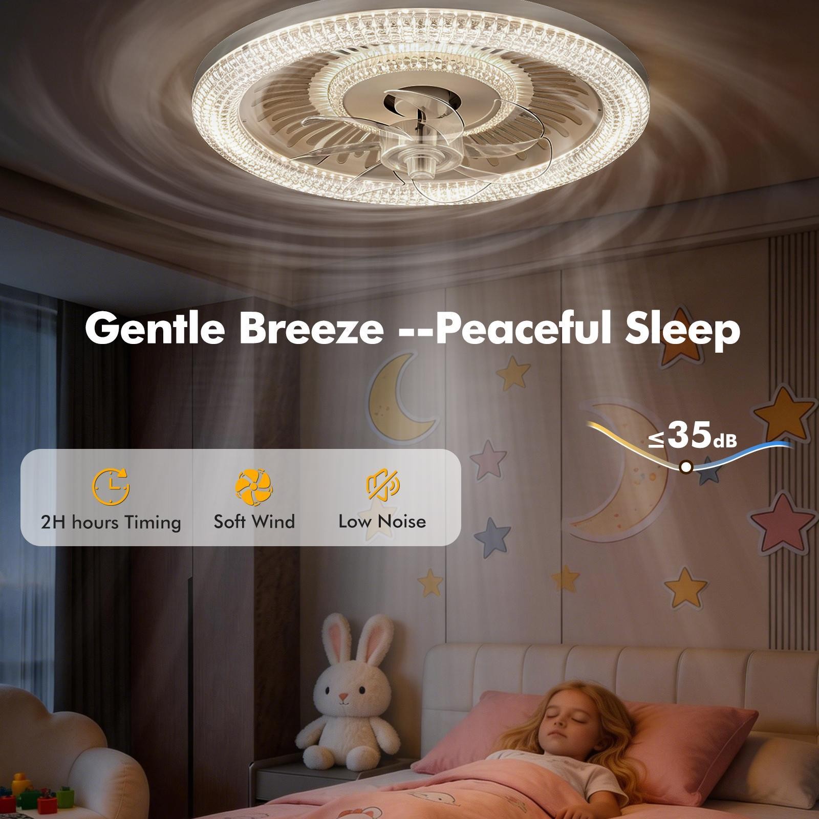 19" Ceiling Fan Light White Flush Mount LED Fixture With Remote APP Control Kit