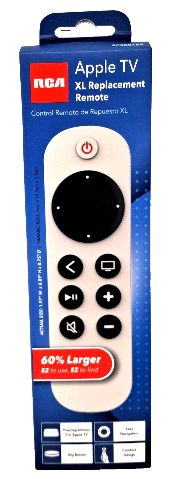 RCA Apple TV Replacement Remote XL Easy To See Easy To Find 60% Larger White