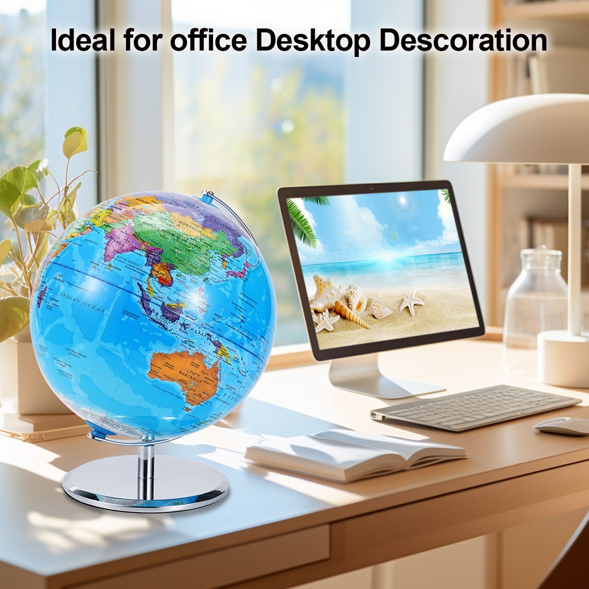 10'' World Map Globe On Metal Base Tabletop Rotating Earth Globe Educational