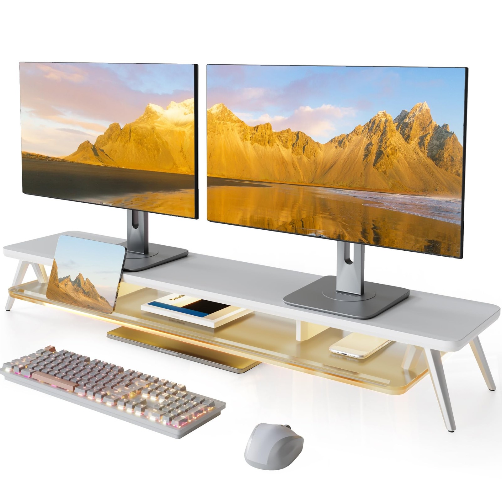 Fenge Dual Monitor Stand, 2 Tiers Acrylic Monitor Riser with LED Lights, 42.5...