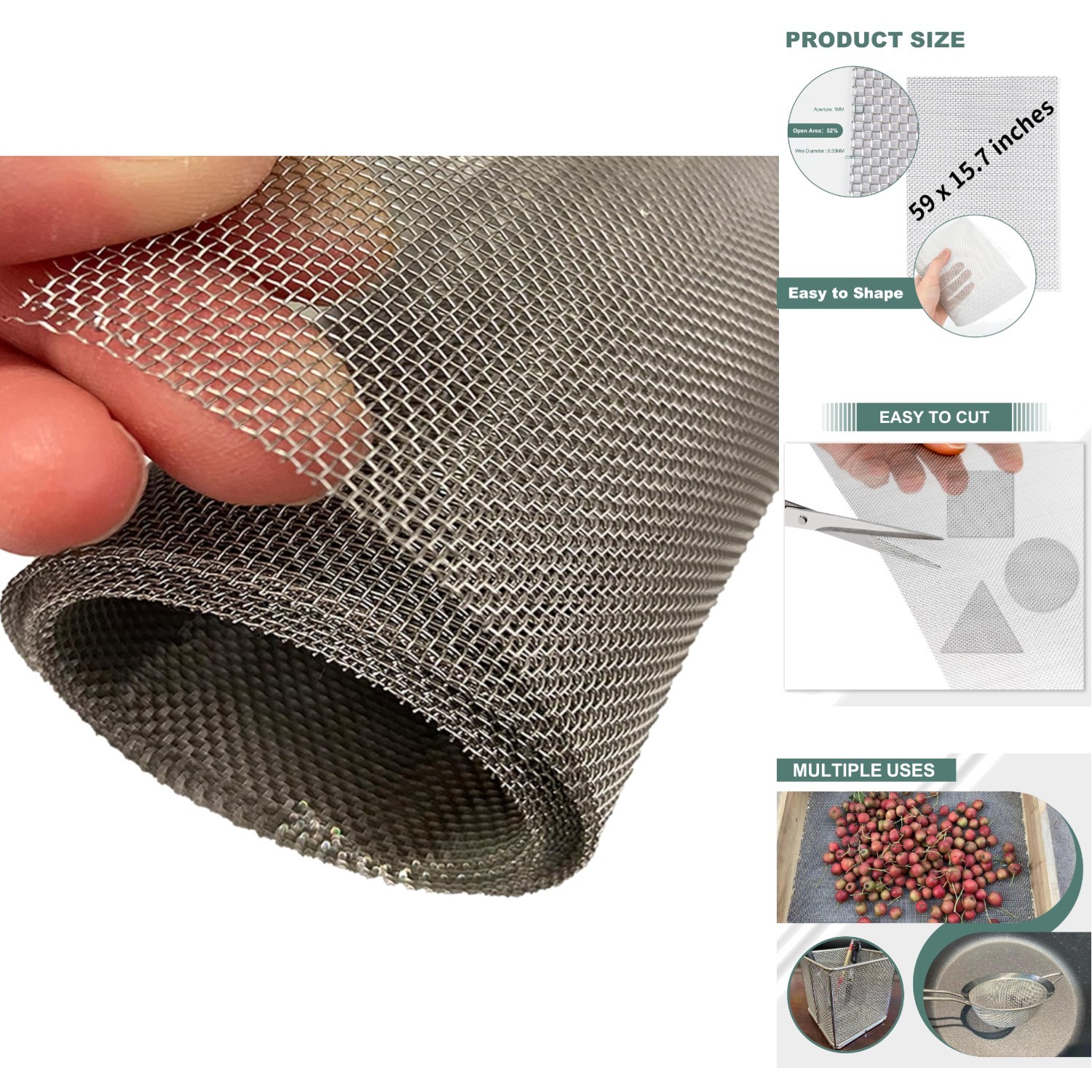 Heavy-Duty 304 Stainless Steel Wire Mesh Screen 20 Mesh 1mm Hole 15.7"x59" Roll