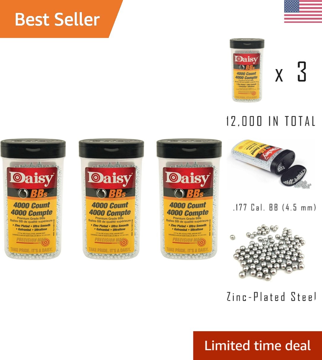 Durable Heavy-Duty Zinc-Plated Steel BBs - .177 Caliber - 12,000 ct 3-Pack