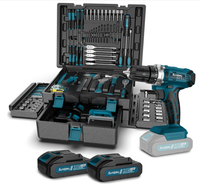 Kit de Herramientas 255 Piezas con Taladro Inalámbrico 21V y 2 Baterías 2.0Ah