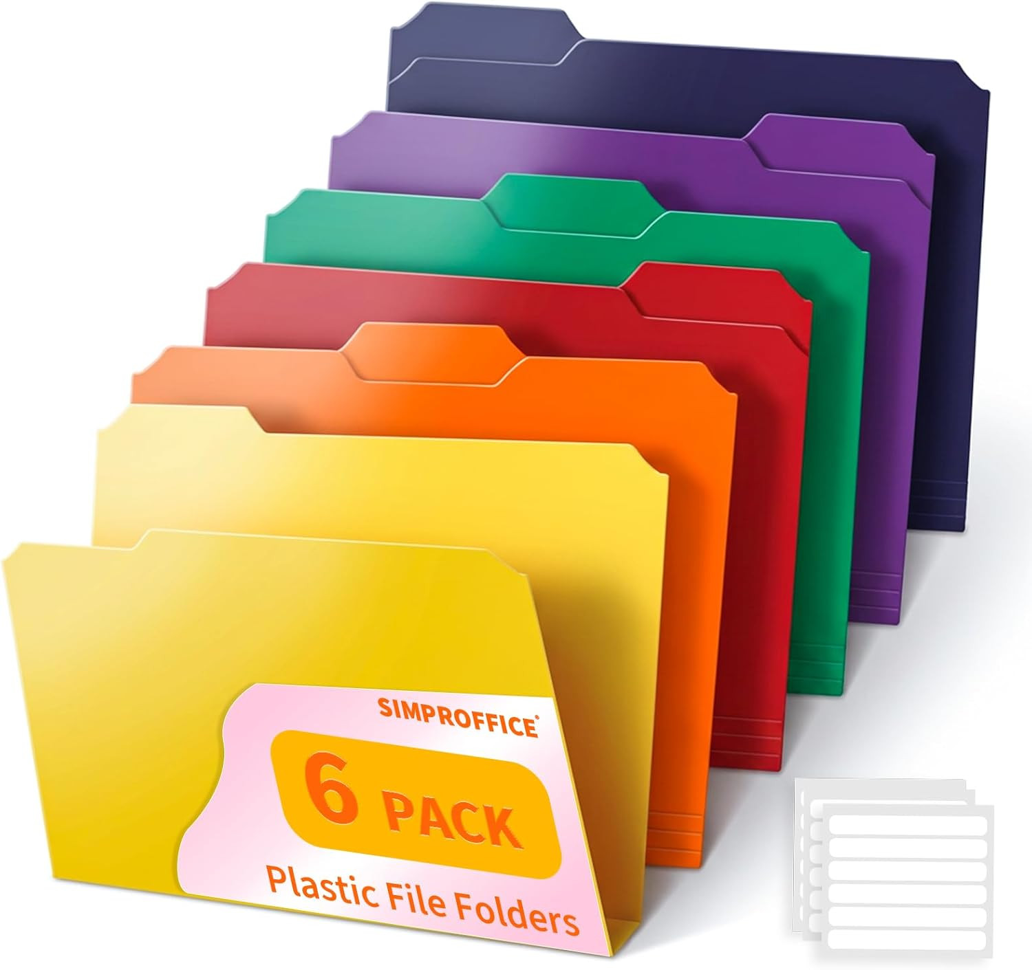 Plastic File Folders with Tabs, 6 Pack Colored Plastic Folders, 1/3 Cut Tabs