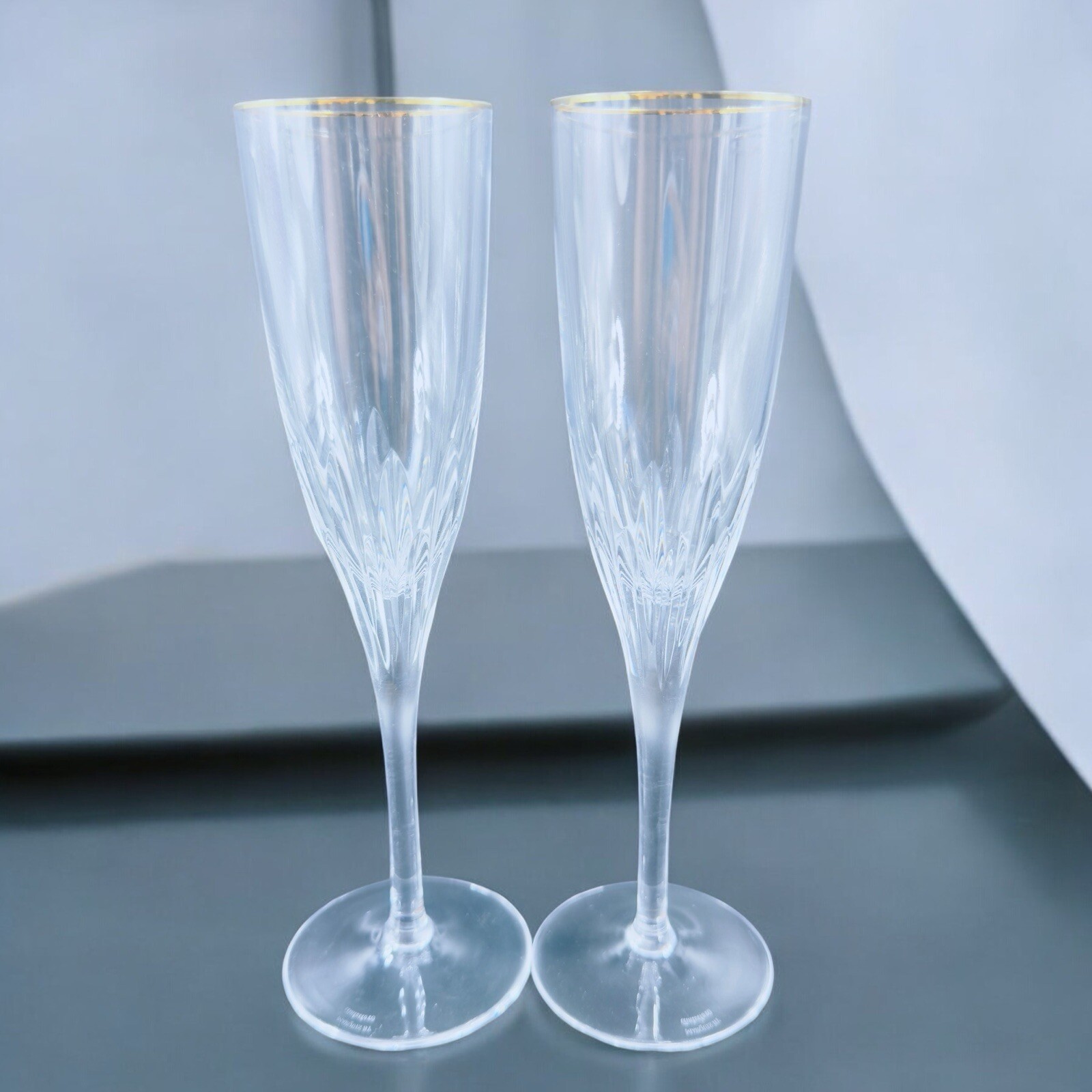 Waterford Marquis Claria Gold Rim Champagne Flute Drinking Glasses Clear Set 2