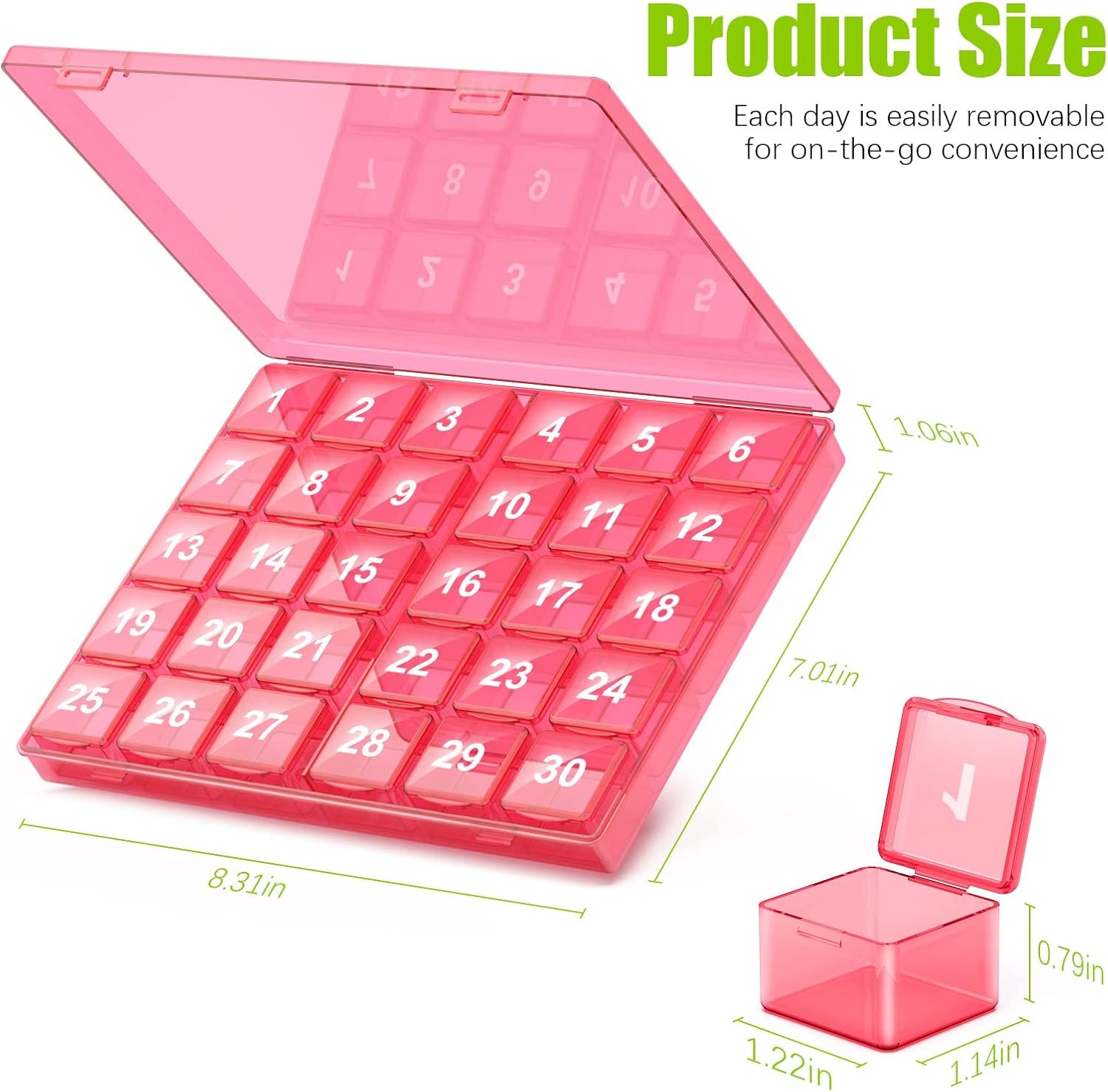 Monthly Pill Organizer Once a Day - 30 Box - Easy to Pink
