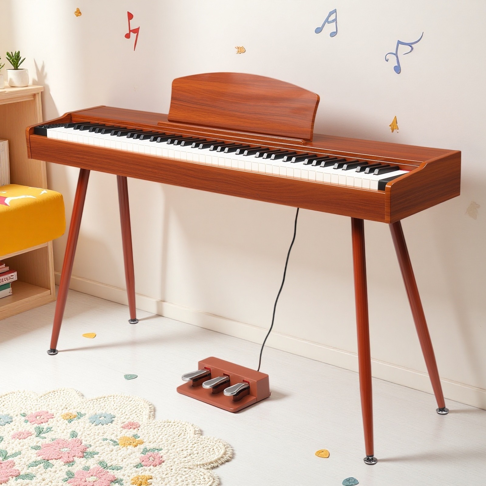 88-Key Full Size Fully Weighted Digital Piano Keyboard Red Walnut 3-Pedal Stand