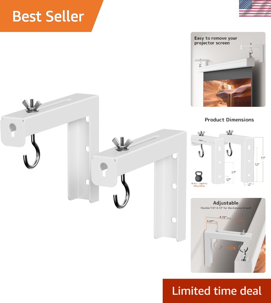 Heavy-Duty Adjustable Projector Screen Mounting Kit, 6 Inch Extension, 66 lbs