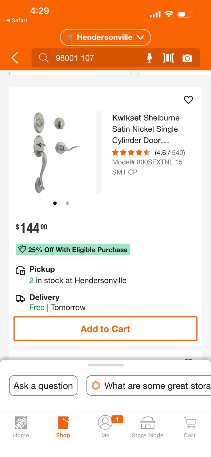 Kwikset Front Door Lock Set Shelburne x Tustin Lever Satin Nickel