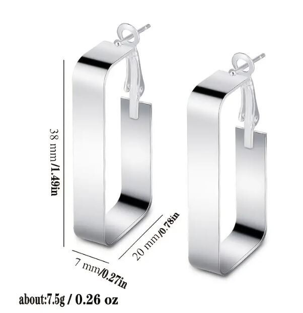 NEW MEDIUM LARGE RECTANGLE HOOP EARRINGS SILVER LEVER BACK LIGHTWEIGHT 1.5"