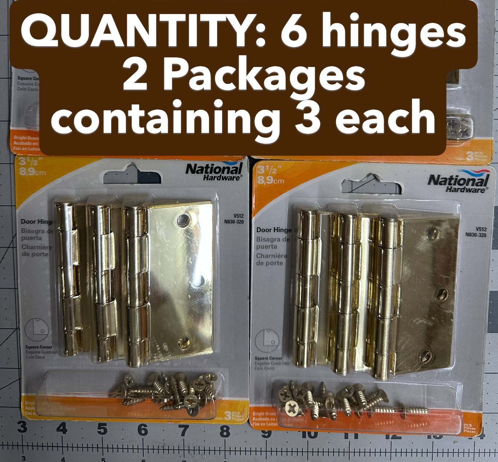 6-Hinge Lot National Hardware N830-320 Bright Brass Door 3-1/2" Square corner