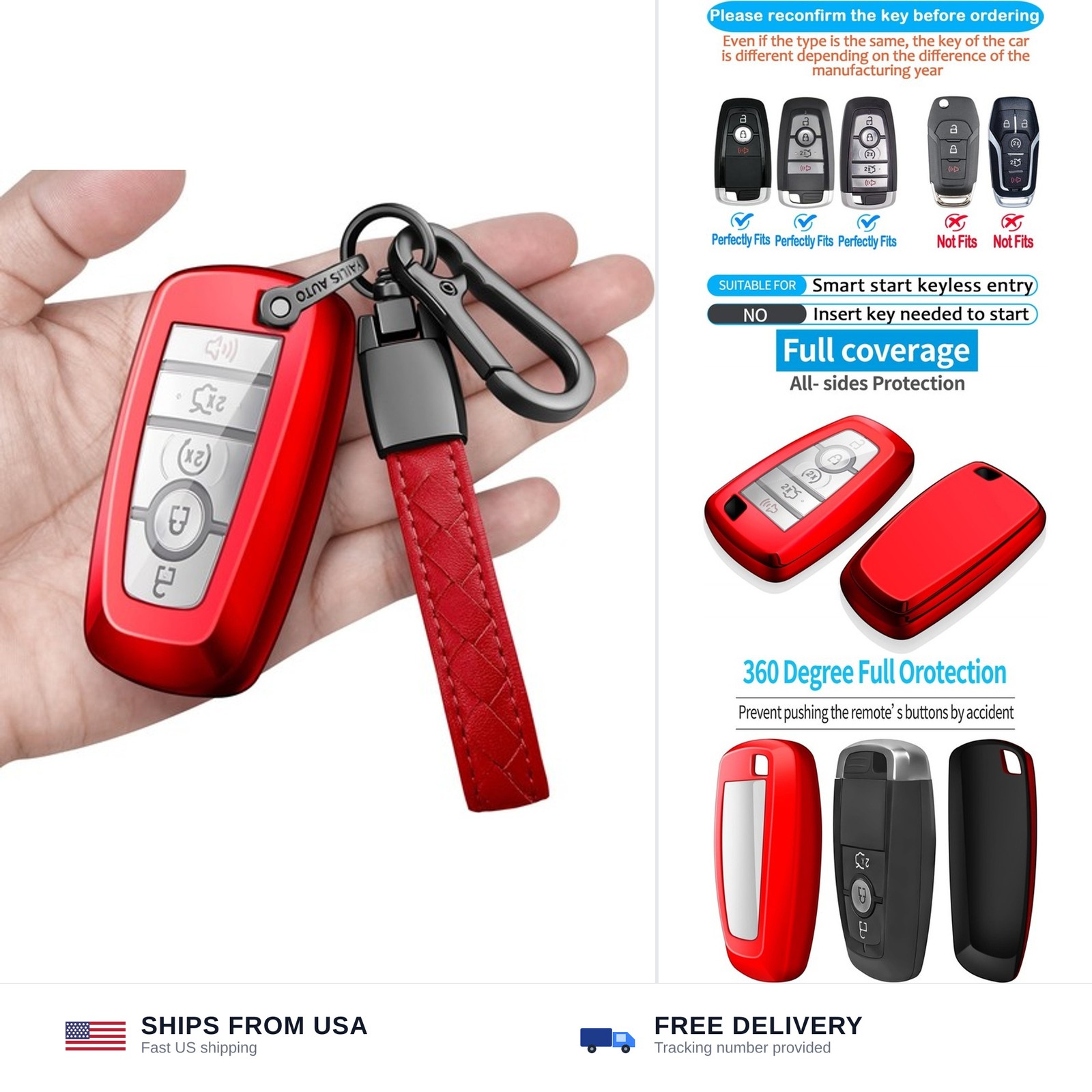 for Ford Key Fob Cover with Leather Keychain Soft TPU Protection Key Case for...