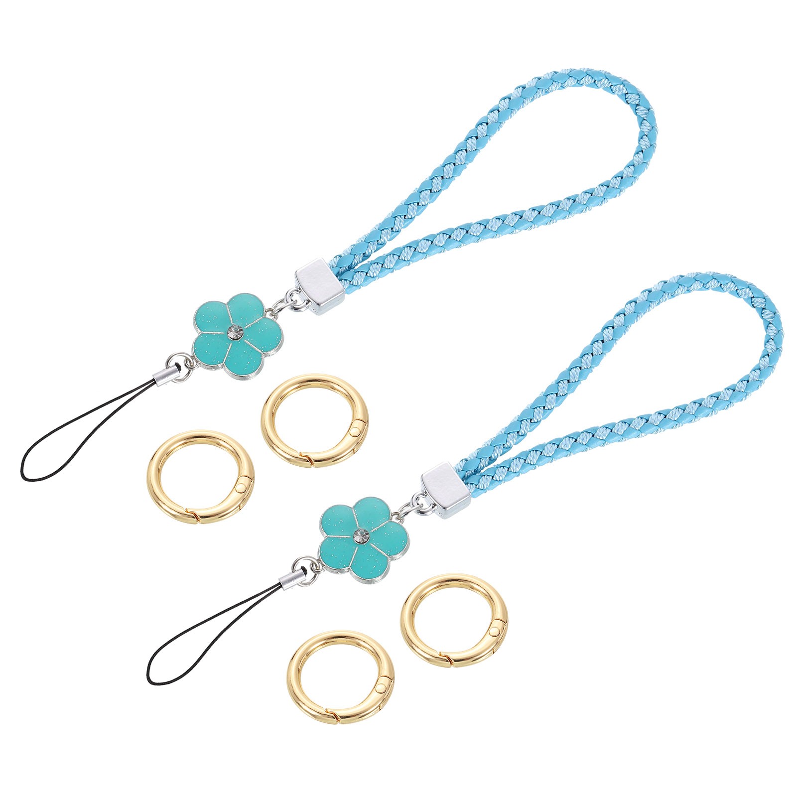 2Pcs Wristlet Lanyards, 4.7" Leather Keychain Strap with Flower Charm, Blue