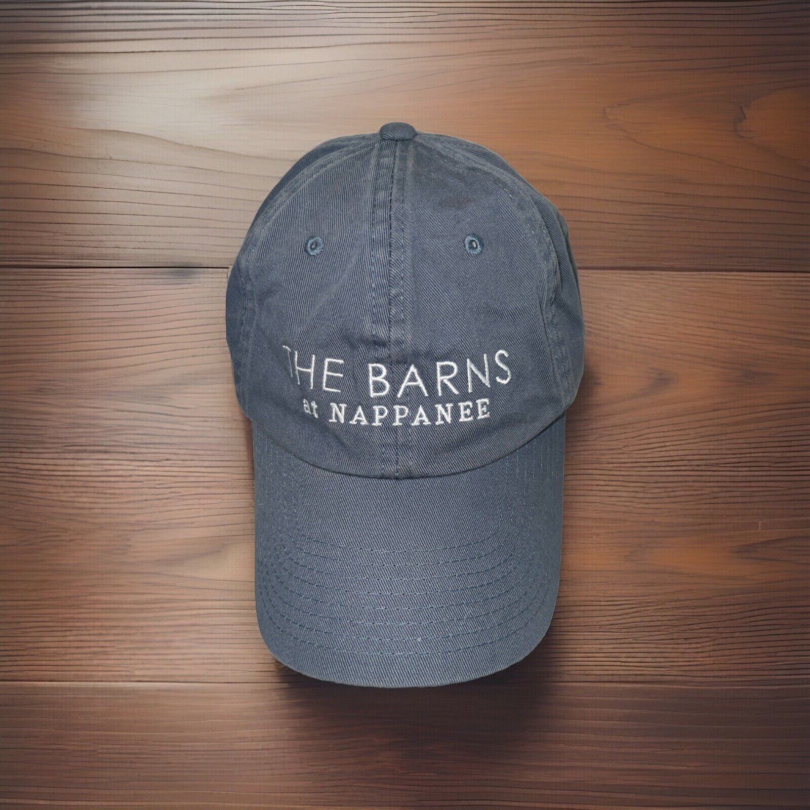 THE BARNS of NAPPANEE White on Gray Cotton Hat Cap Strap Buckle EUC