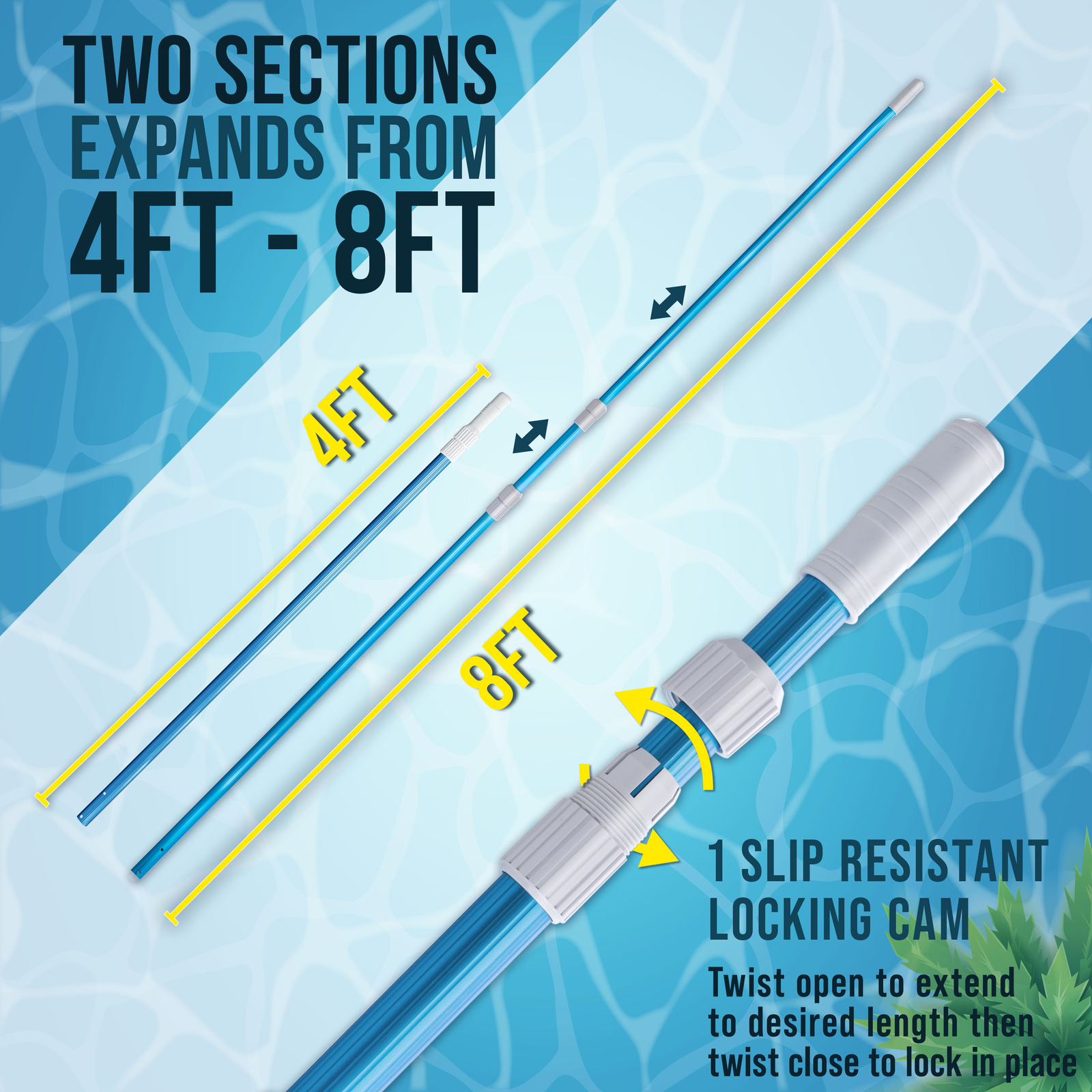 Professional 8 Foot Blue Anodized Aluminum Telescopic Pool Pole, 2 Pc Adjustable