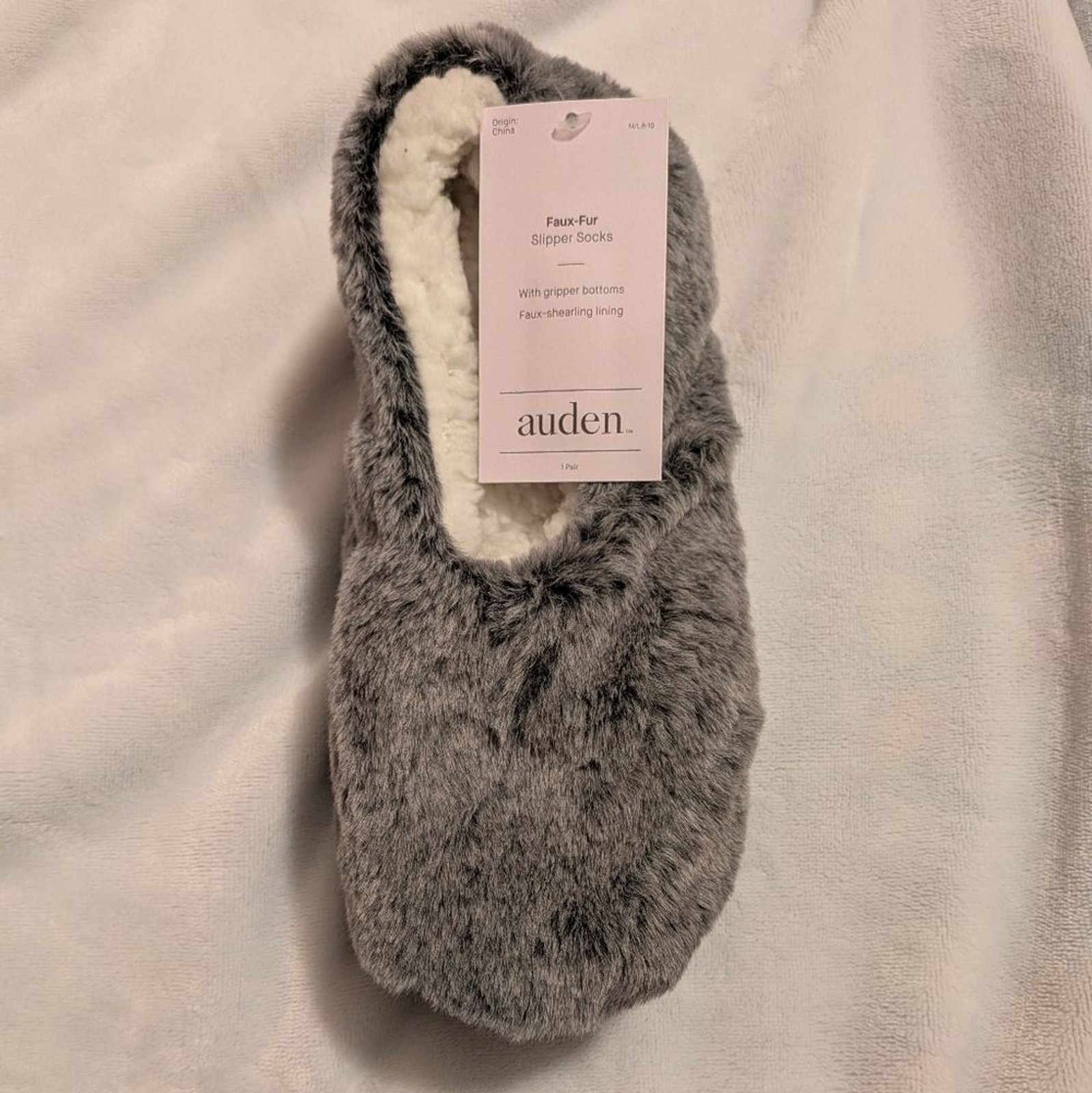 Auden Gray Faux-Fur Slipper Socks With Gripper Bottom - Women's Size M/L (8-10)