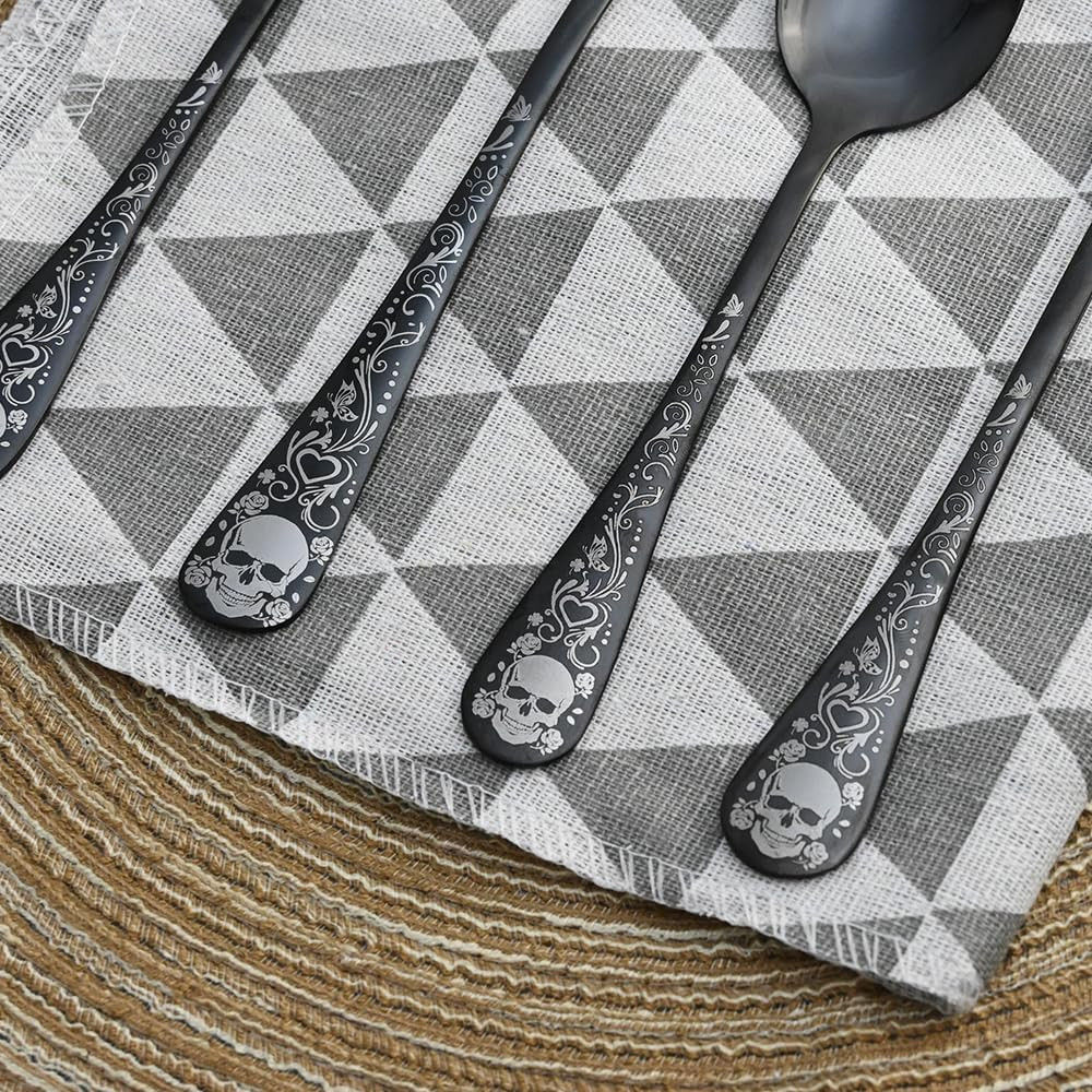 Skull Black Silverware Set for 4, 20-Piece Black Flatware Set, Gothic Skeleton C