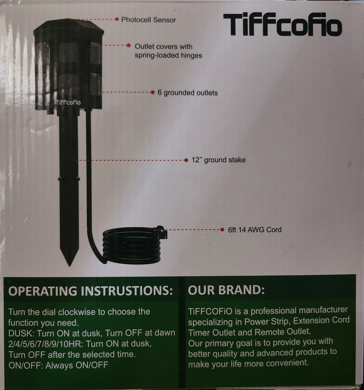 Tiffcofio Outdoor Light Sensor Power Stake Timer Waterproof 6Ft Cord 6 Outlets