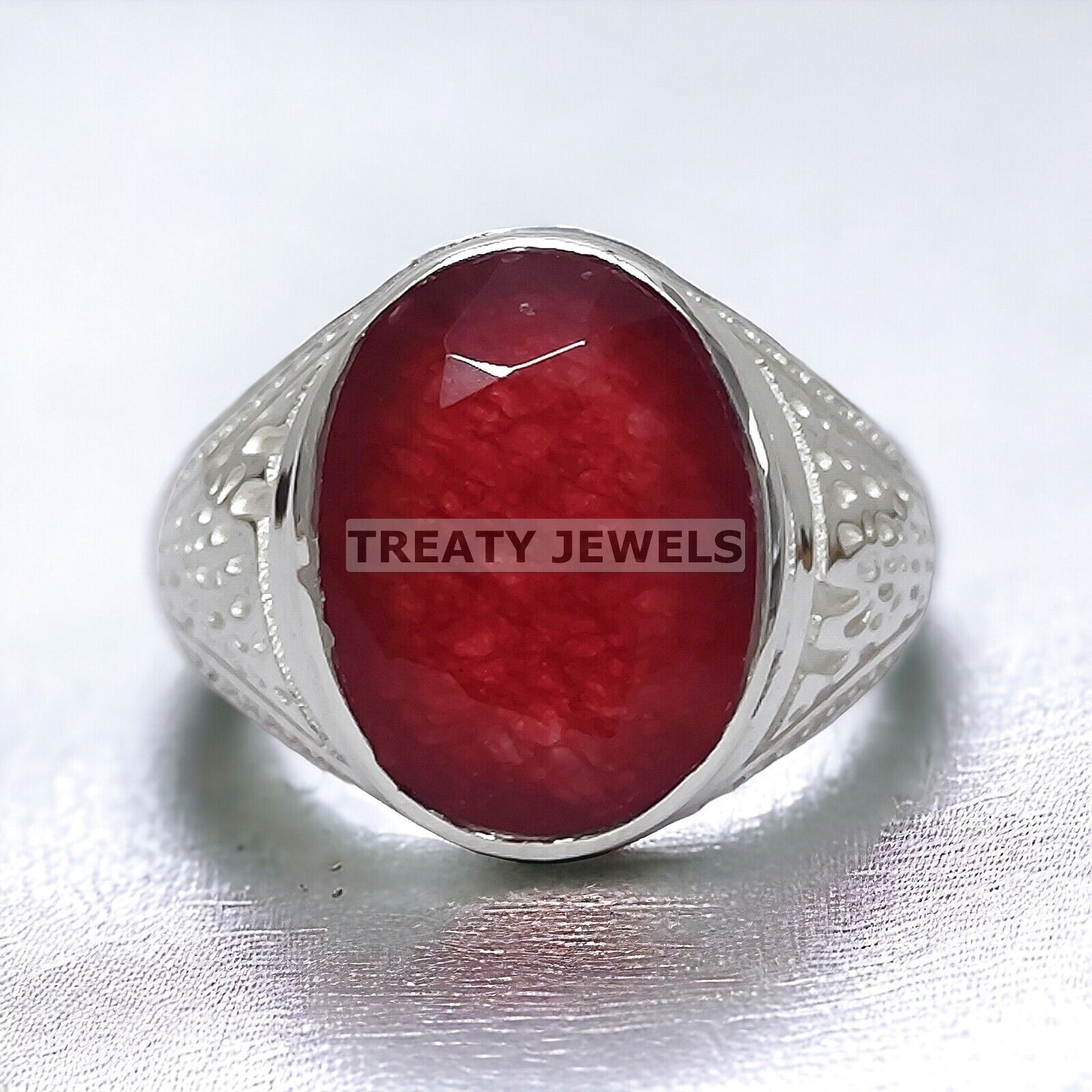 Ruby Oval Cut Gemstone With 14K Solid White Gold Ring For Men's #A20