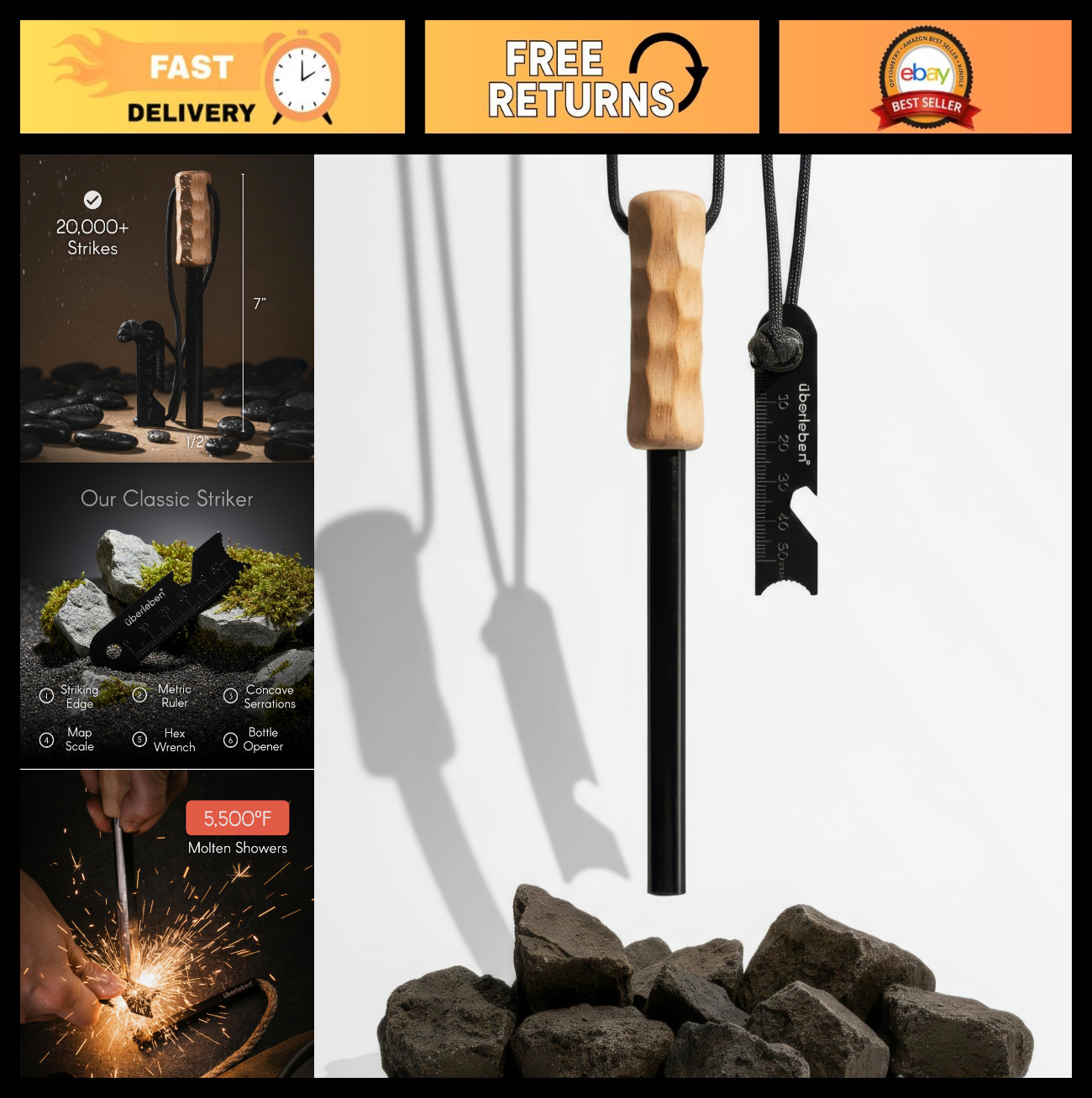 Survival Fire Starter Tool - 20,000 Strikes Ferro Rod with Hardwood Handle & Lan
