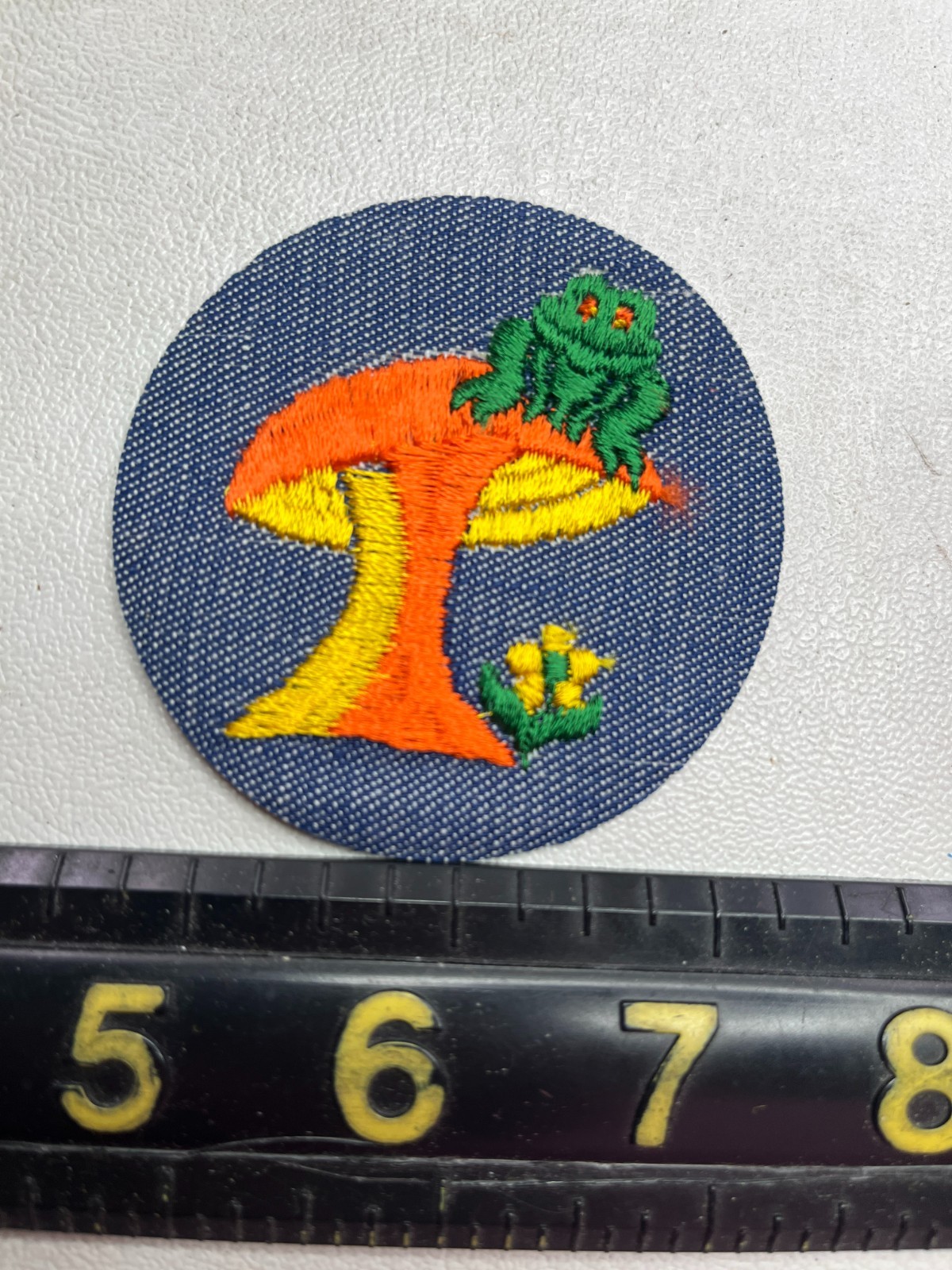 Vintage FROG FLOWER MUSHROOM Toadstool Embroidered Denim Patch M036