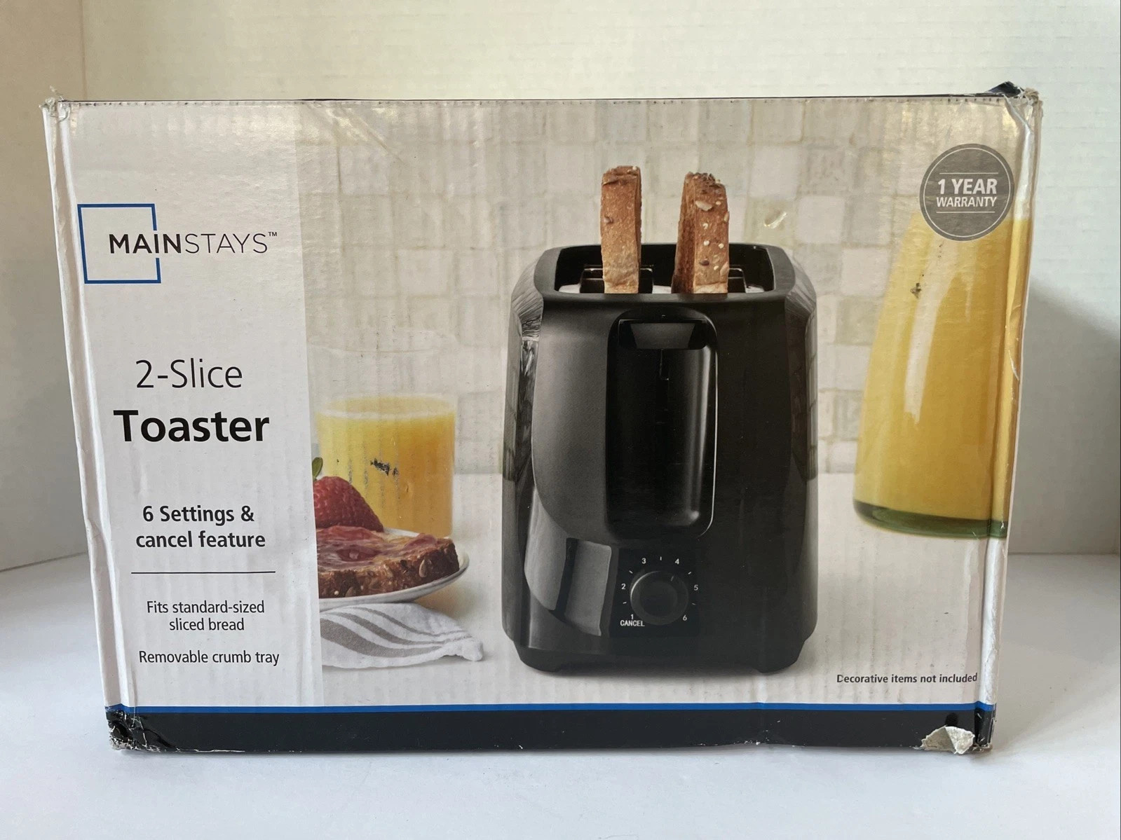 Mainstays 2-Slice Toaster with 6 Shade Settings and Removable Crumb Tray, Black