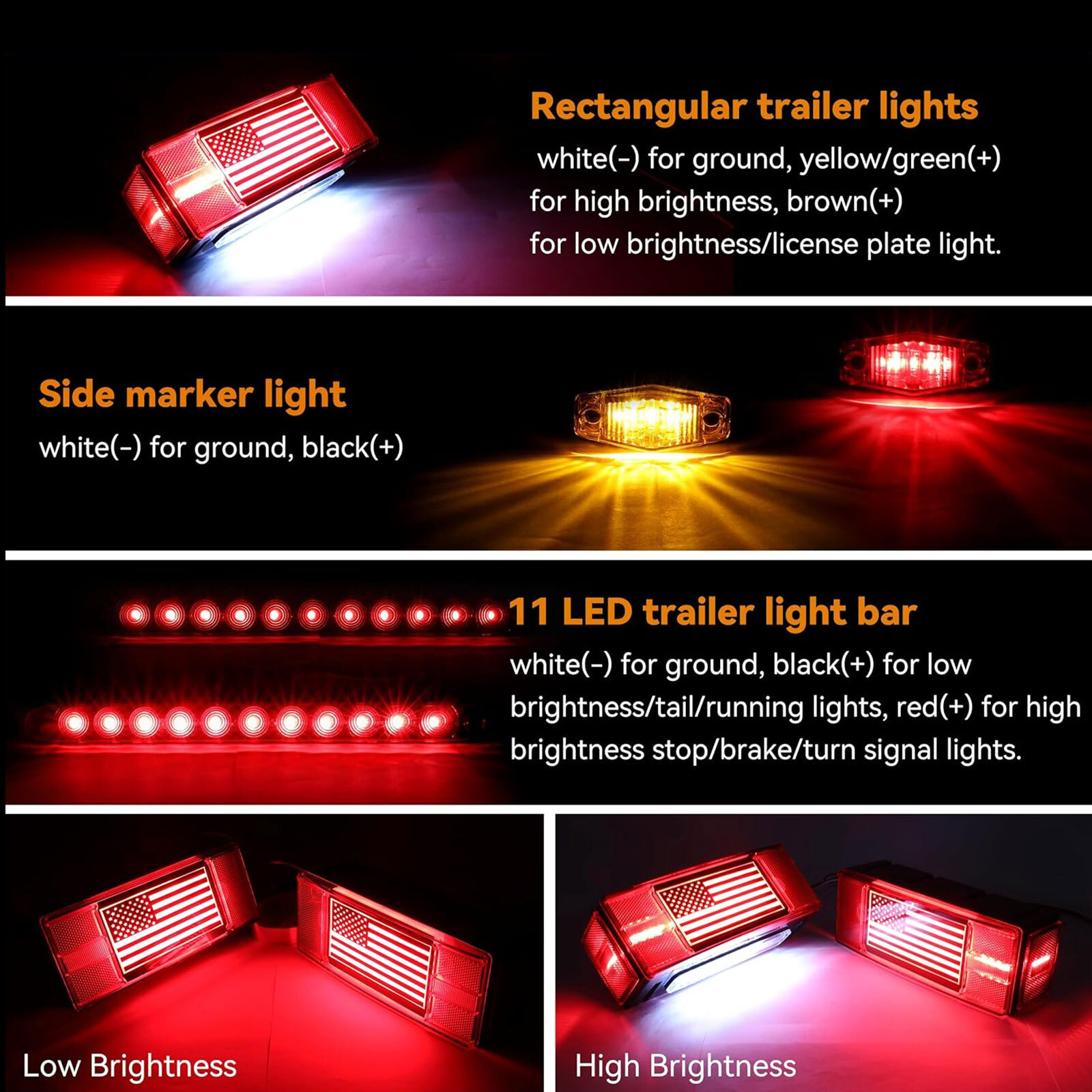 Left+Right LED Submersible Trailer Boat Rectangle Stud Stop Turn Tail Lights Kit