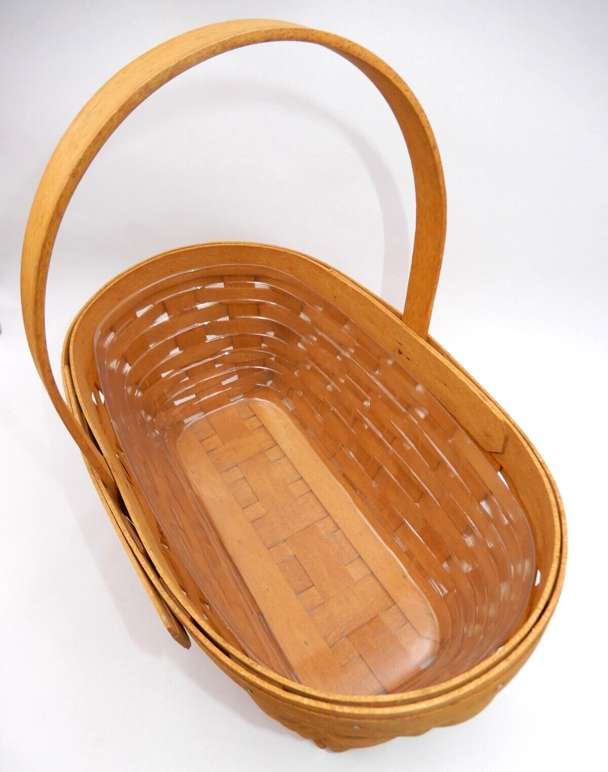 SINGLE HANDLE LONGABERGER BASKET W/ CHORE DIVIDER, PLASTIC & FABRIC LINERS 1999