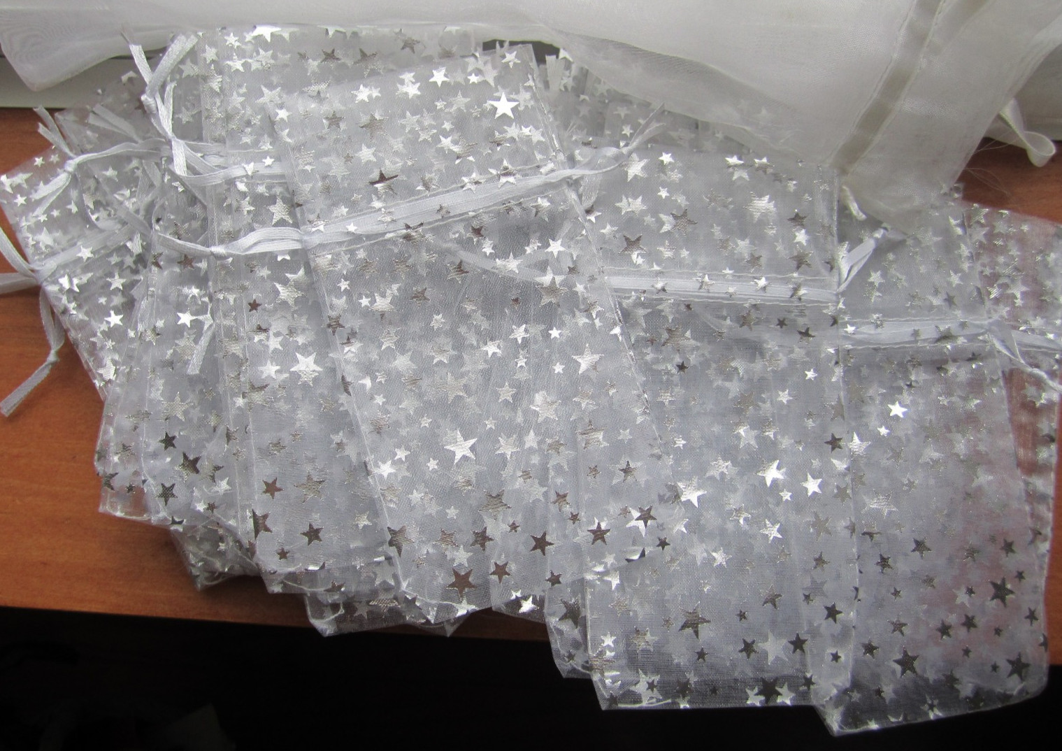 lot 45  White Silver Stars Organza 3x4 Inches Drawstring Jewelry Gift CARD Bags