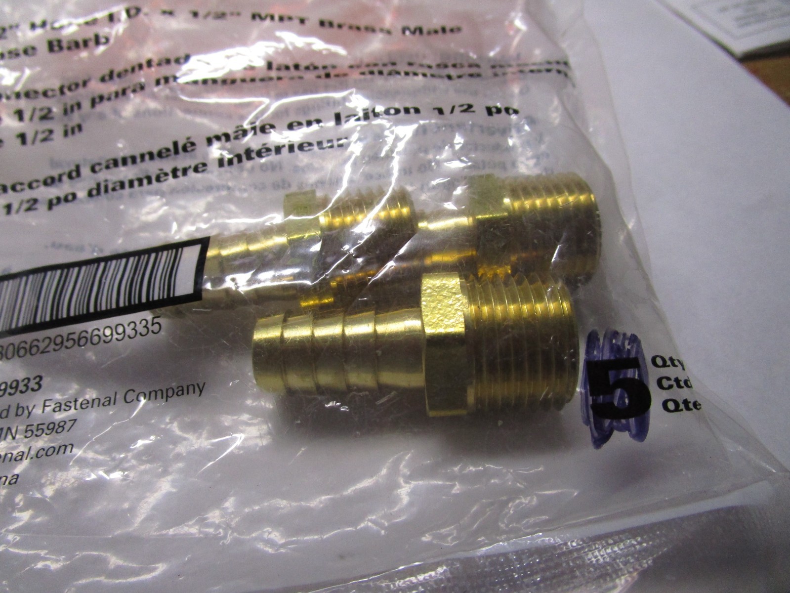 1/2" x 1/2" Hose x Male NPT Plain Brass Hose Barb QTY 3