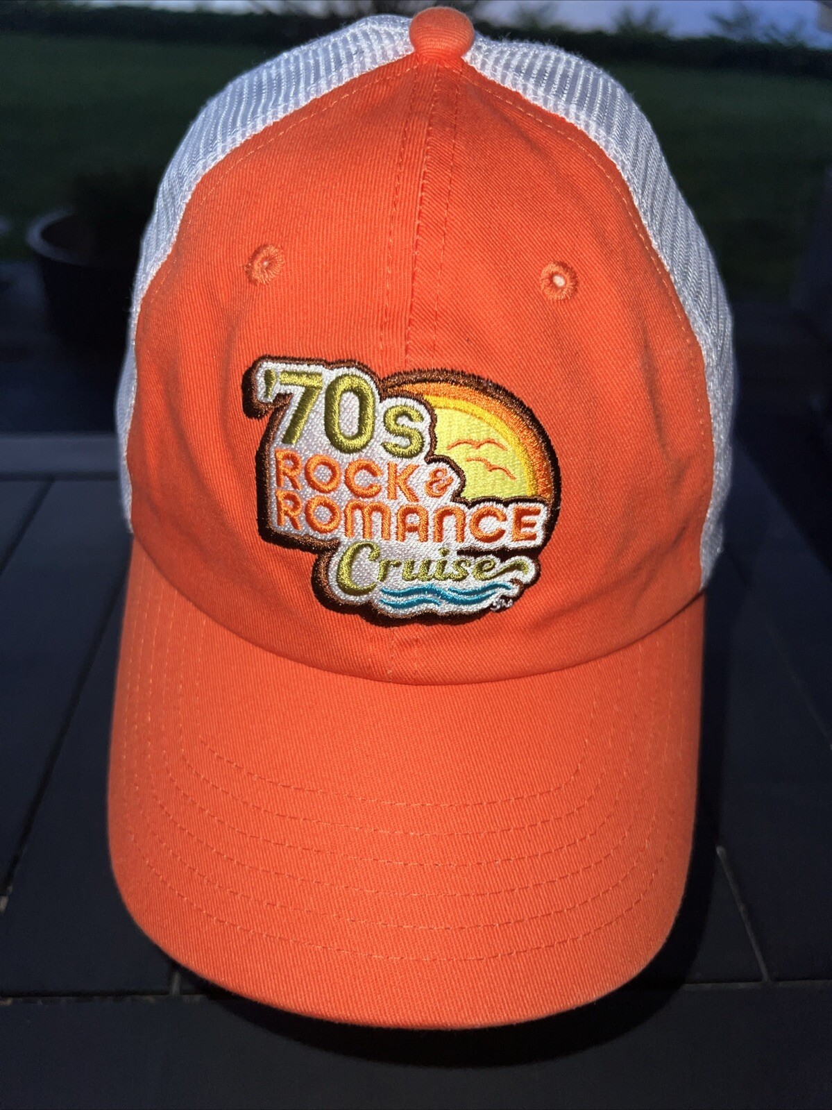 70s Rock & Romance Cruise Multi Colored Patch on Orange Hat Cap W White Mesh
