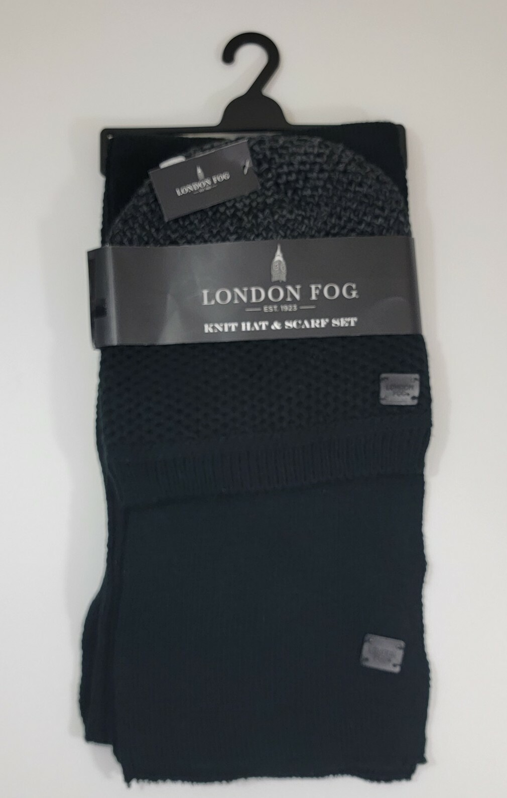 LONDON FOG Mens 2 Piece Set Black/Grey Textured Knit Winter SCARF & Beanie Hat