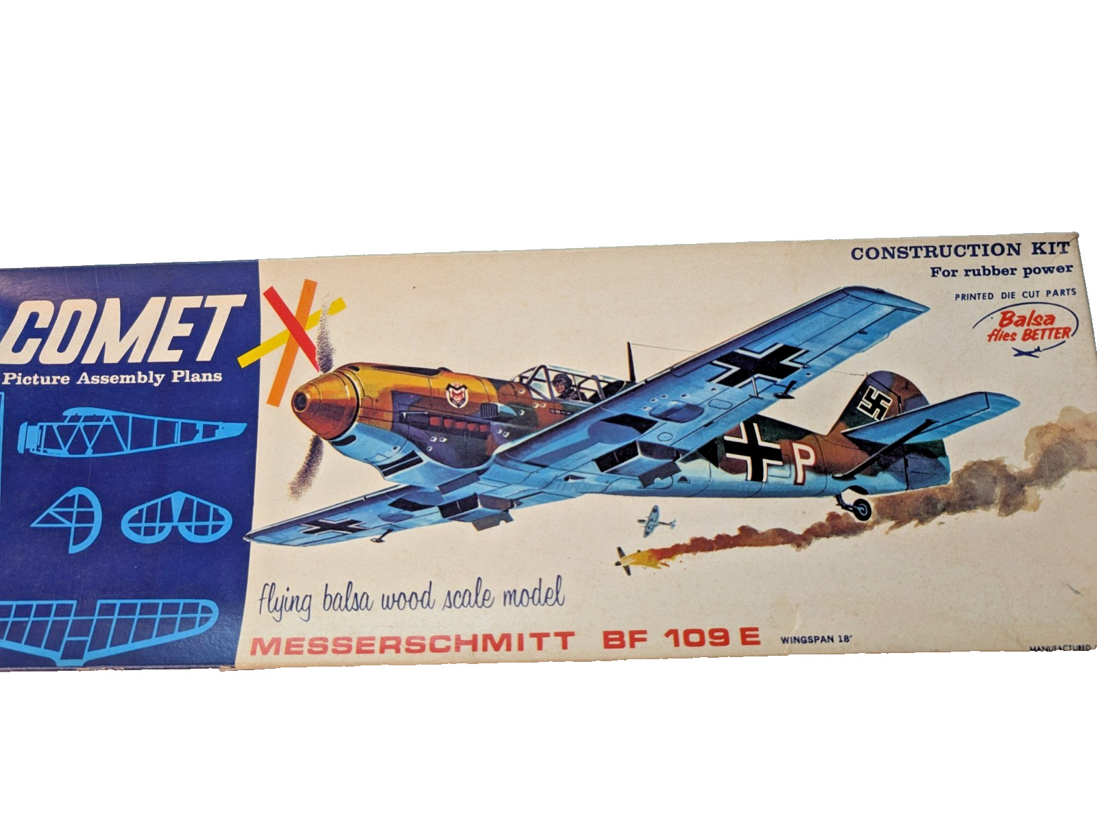 COMET Messerschmitt BF 109 E - 18" WINGSPAN #3306 - FLYING BALSA WOOD AIRPLANE!