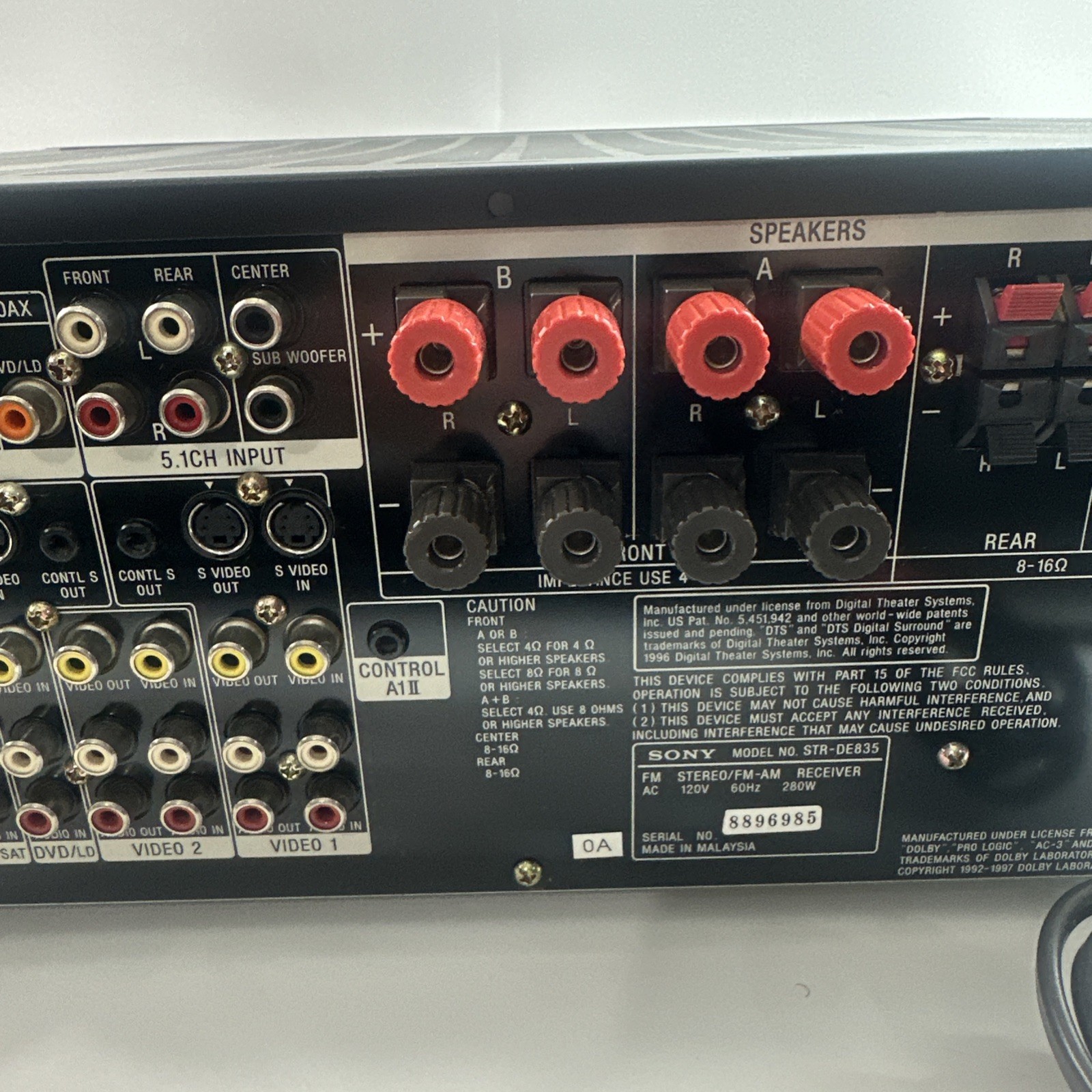 Sony STR DE835 5.1 Channel 100 Watt Receiver, NO REMOTE