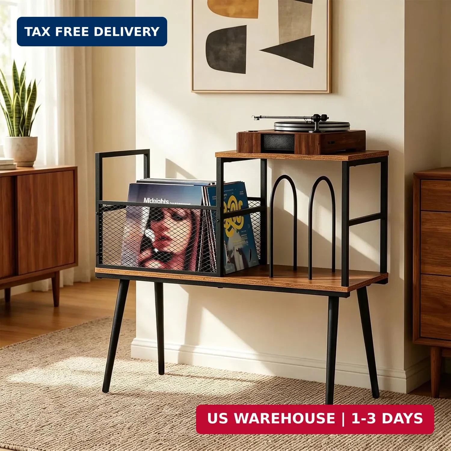 Record Player Stand with Vinyl Record Storage, Holds Up to 200 Albums, Record St