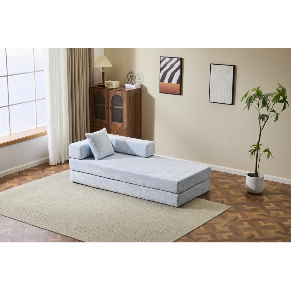 Convertible Floor Sofa Bed, 3 Seat Folding Futon w/ Pillow, Chenille, Light-Blue