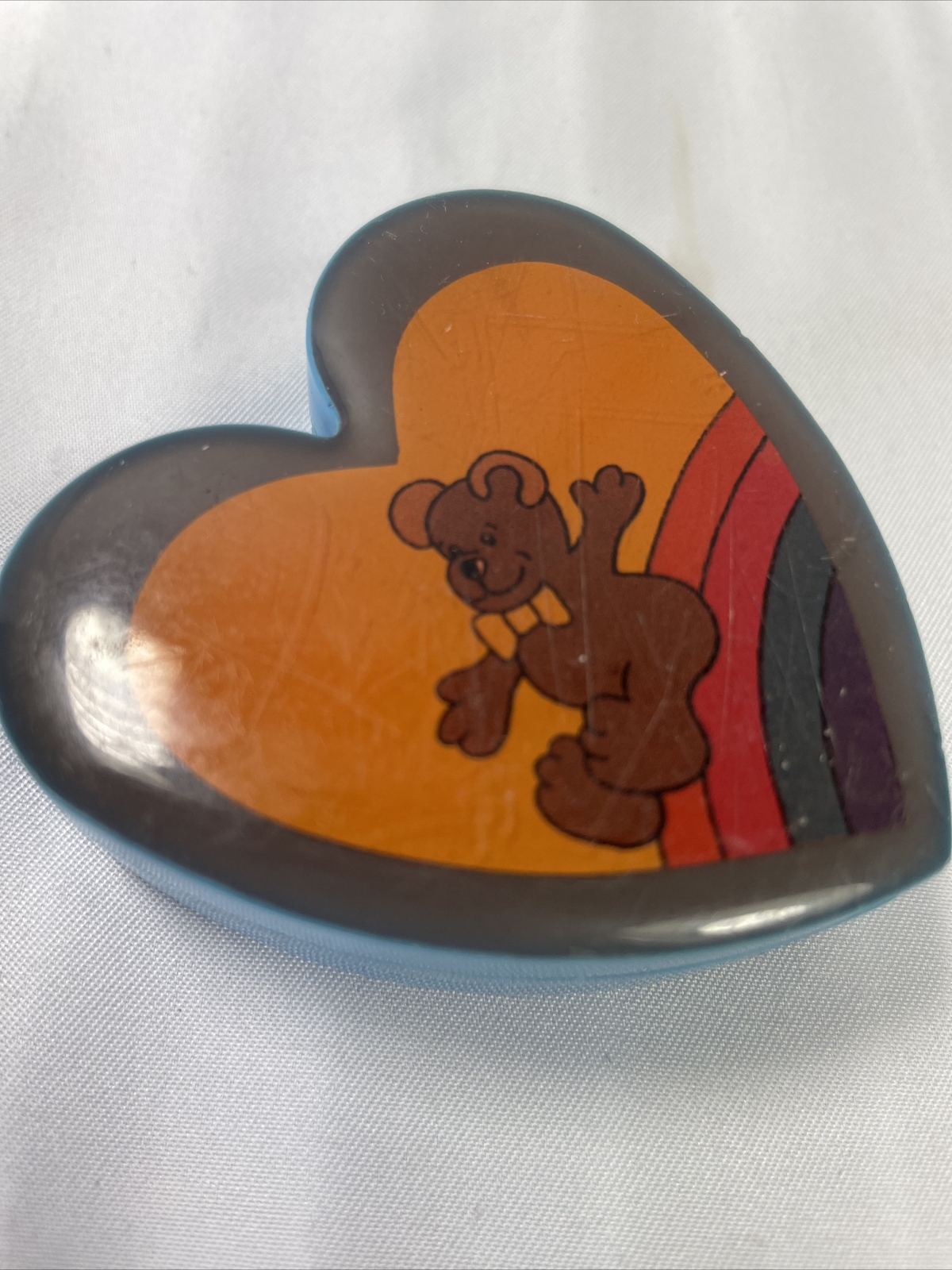 1980s heart box bear on rainbow 2" Blue lid opens
