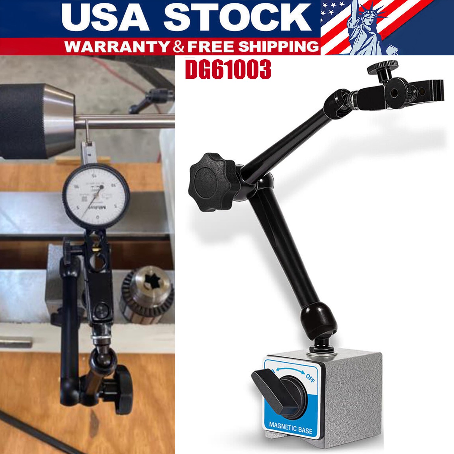 Regular Duty Dial Gage Holder Dg61003 Mag Base W/Metal Fine Adjust For Noga