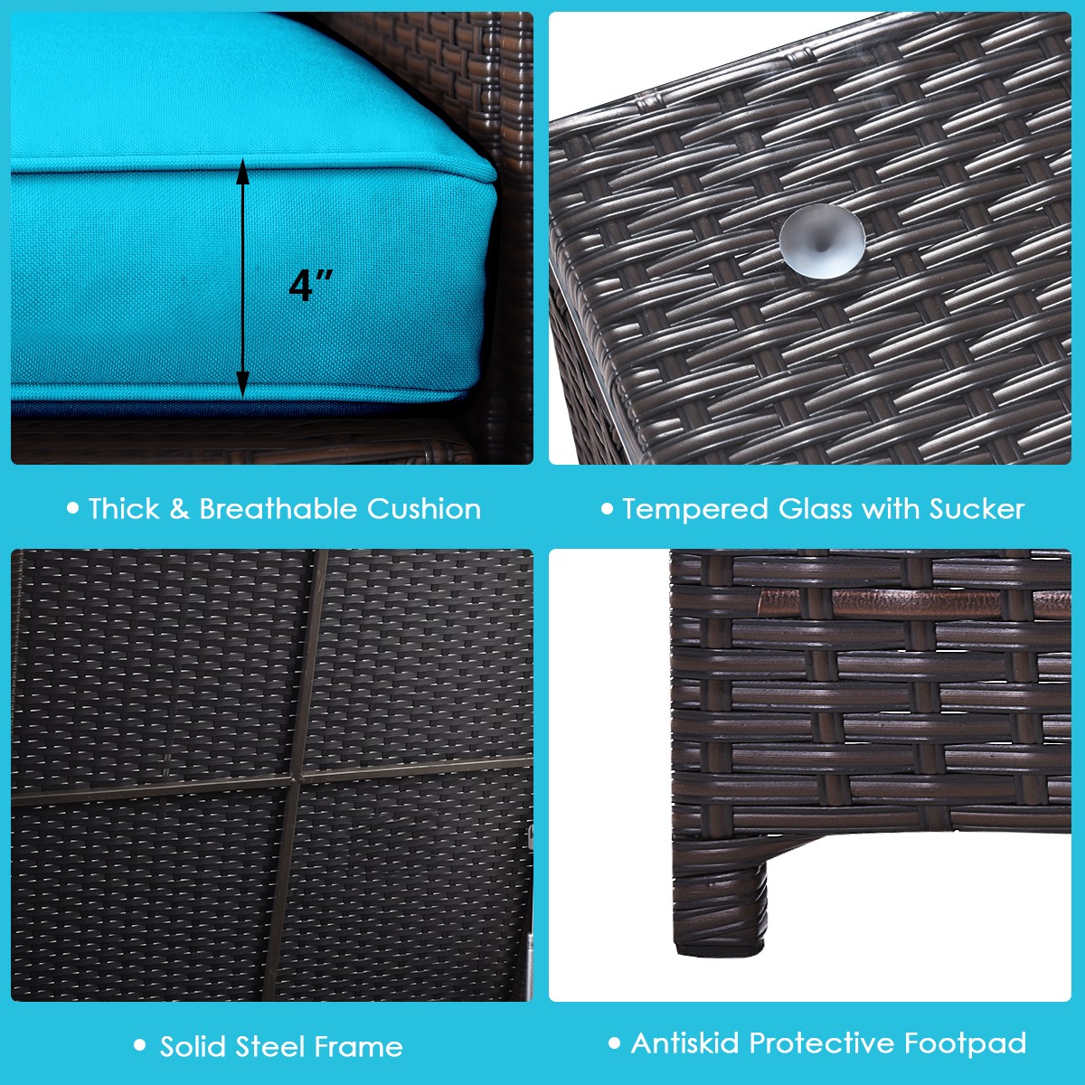 8PCS Outdoor Patio Rattan Furniture Set Cushion Loveseat Storage Table Turquoise
