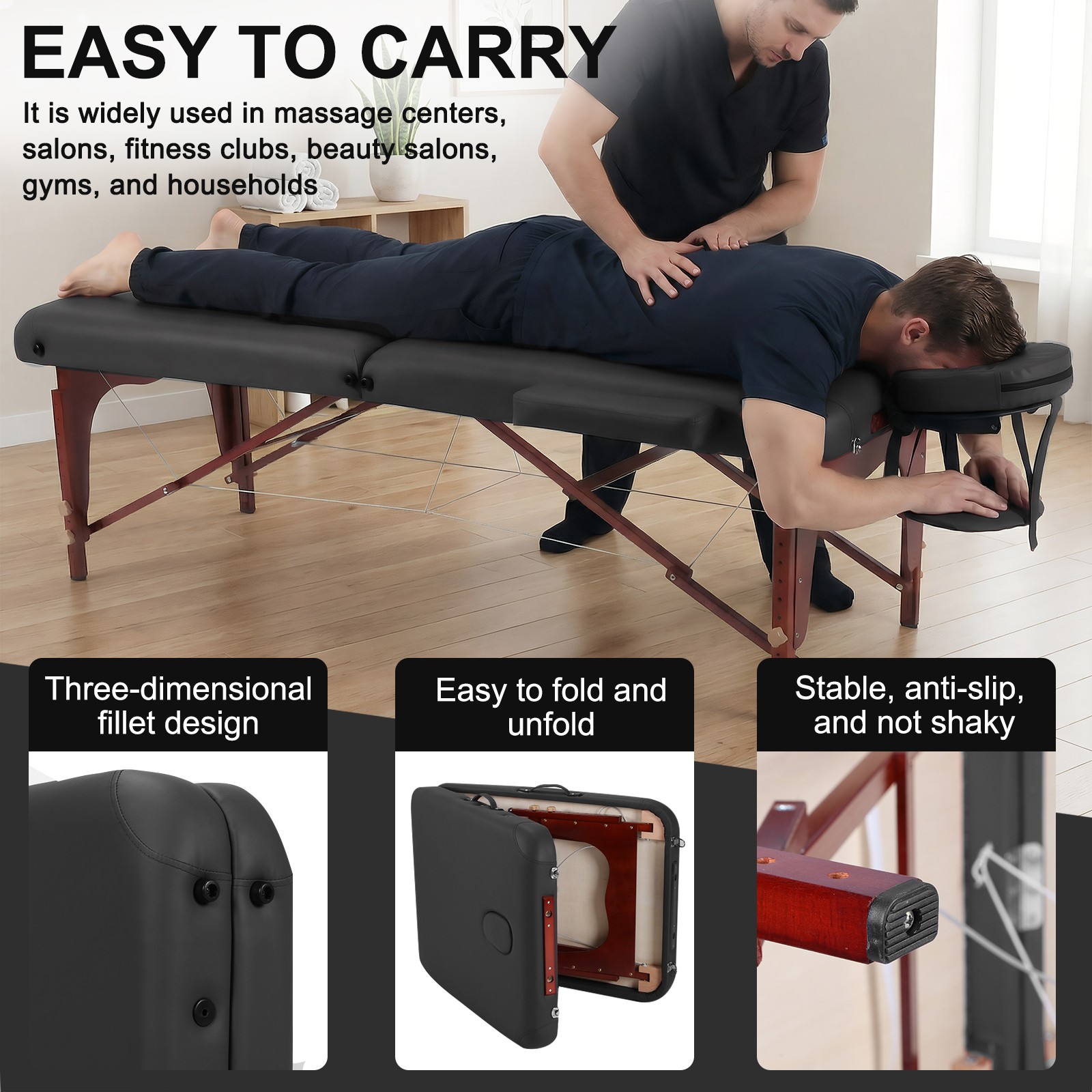 Portable Physical Therapy Massage Table - Stretching Treatment - Black