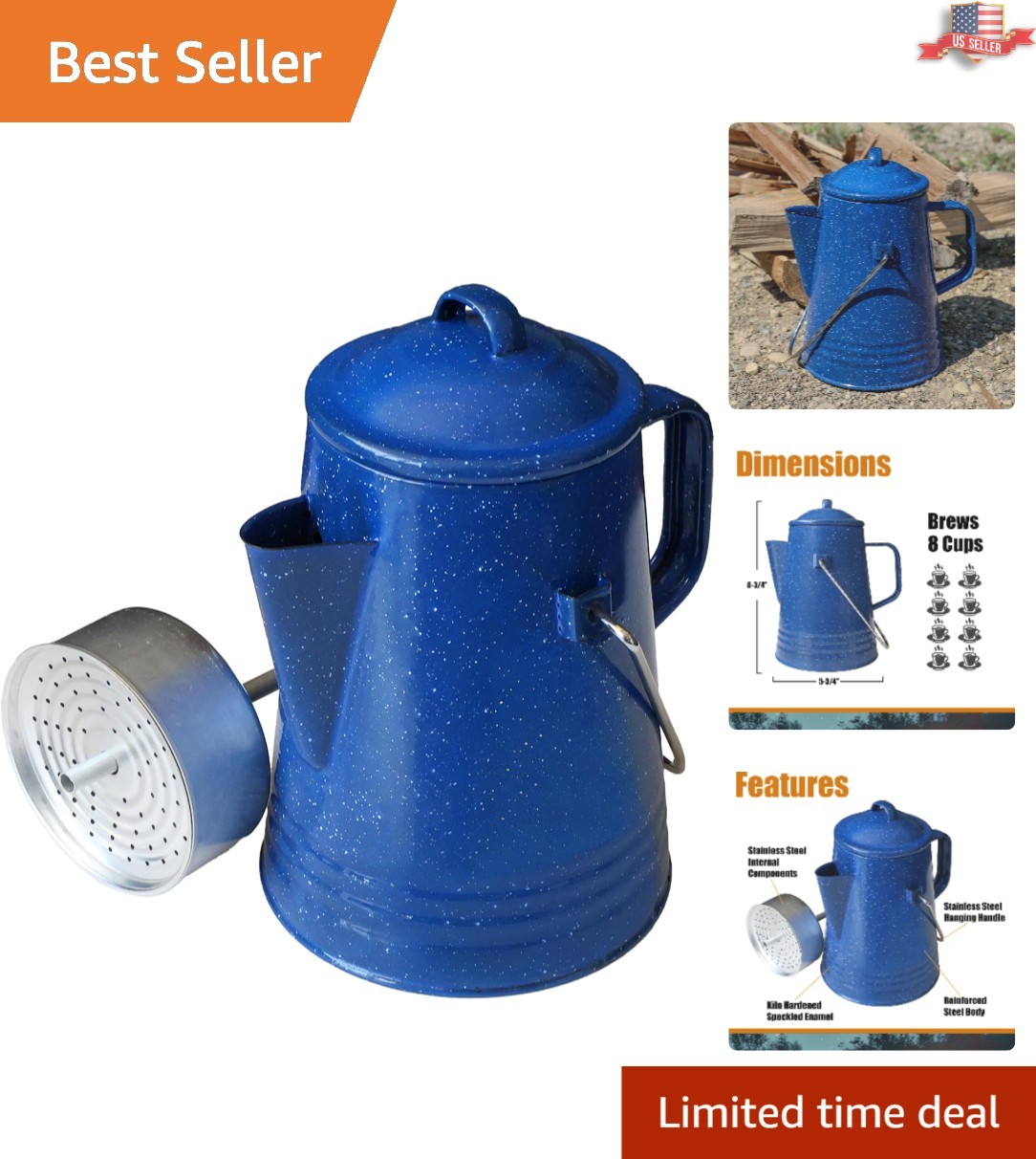 Classic Portable Coffee Percolator in Blue - Brew Over Fire with 8 Cup Capacity