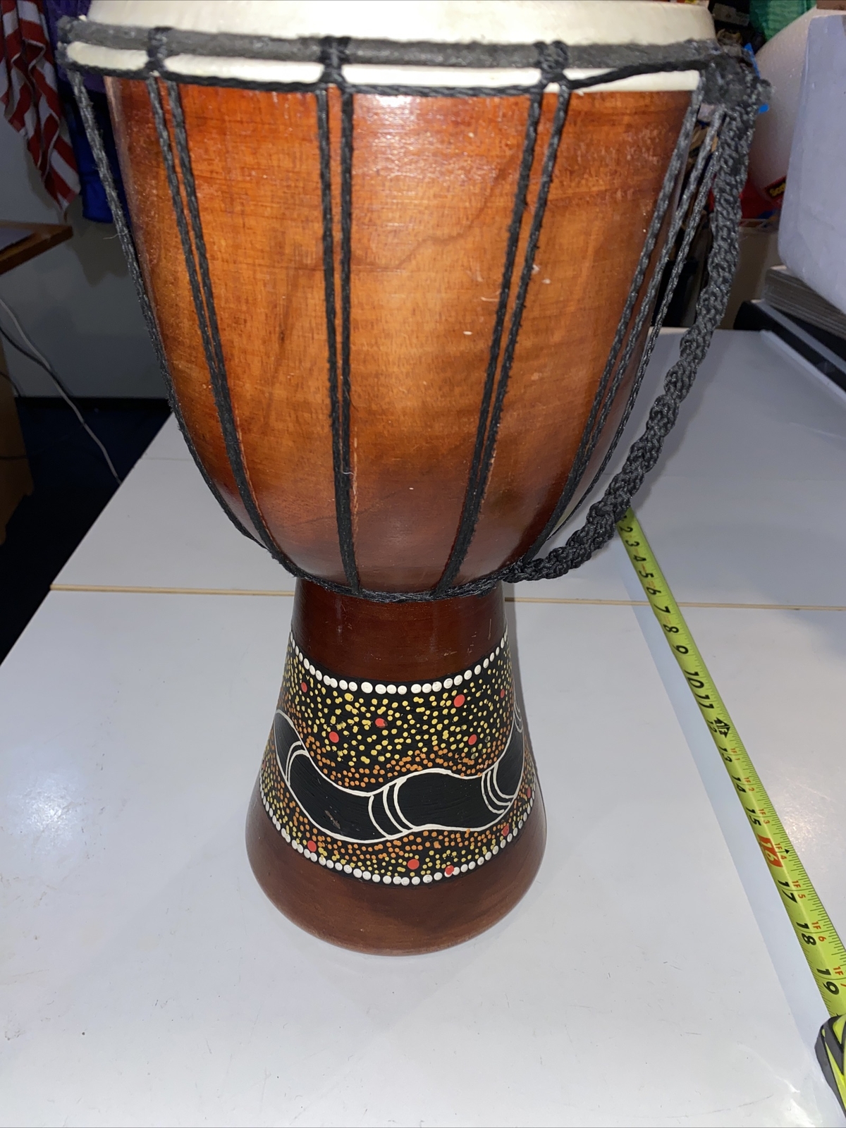 Hand Carved Djembe Solid Wood Hand Painted Python, Carrying Strap, Great Sound