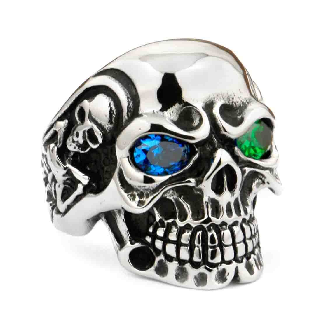 Blue Green CZ Eyes 316L Stainless Steel Titan Skull Mens Boys Biker Ring 3A501D