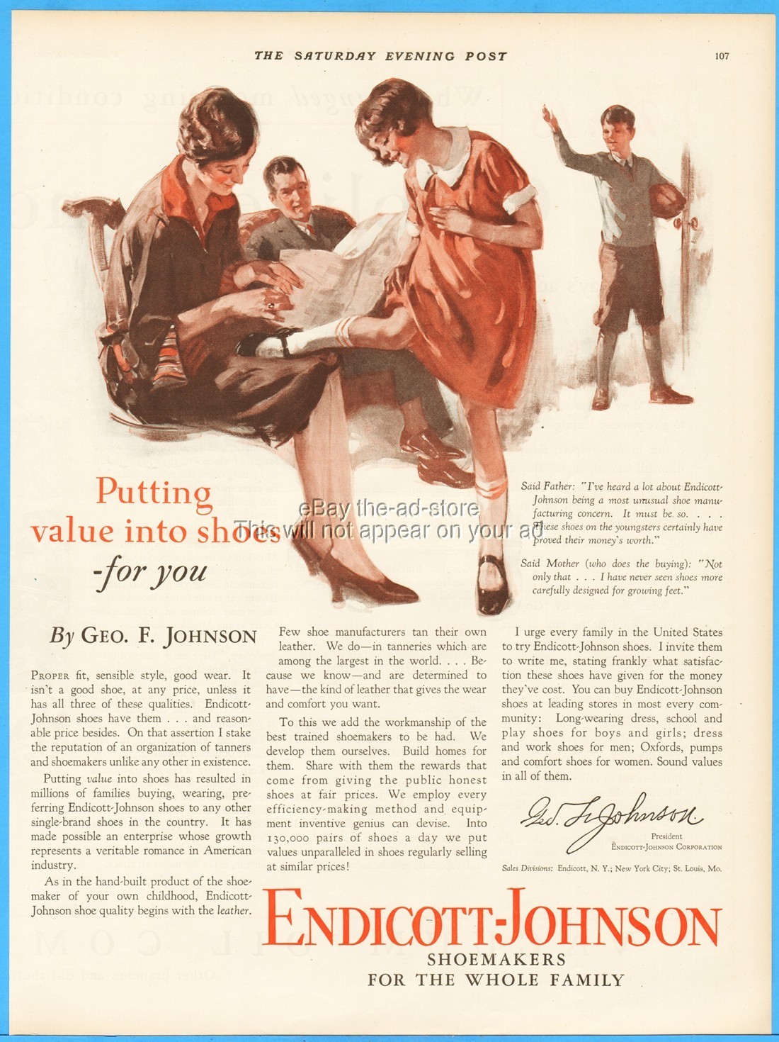 1927 Endicott Johnson Ad Children's Shoe Fashion Decor 1920's Family Art
