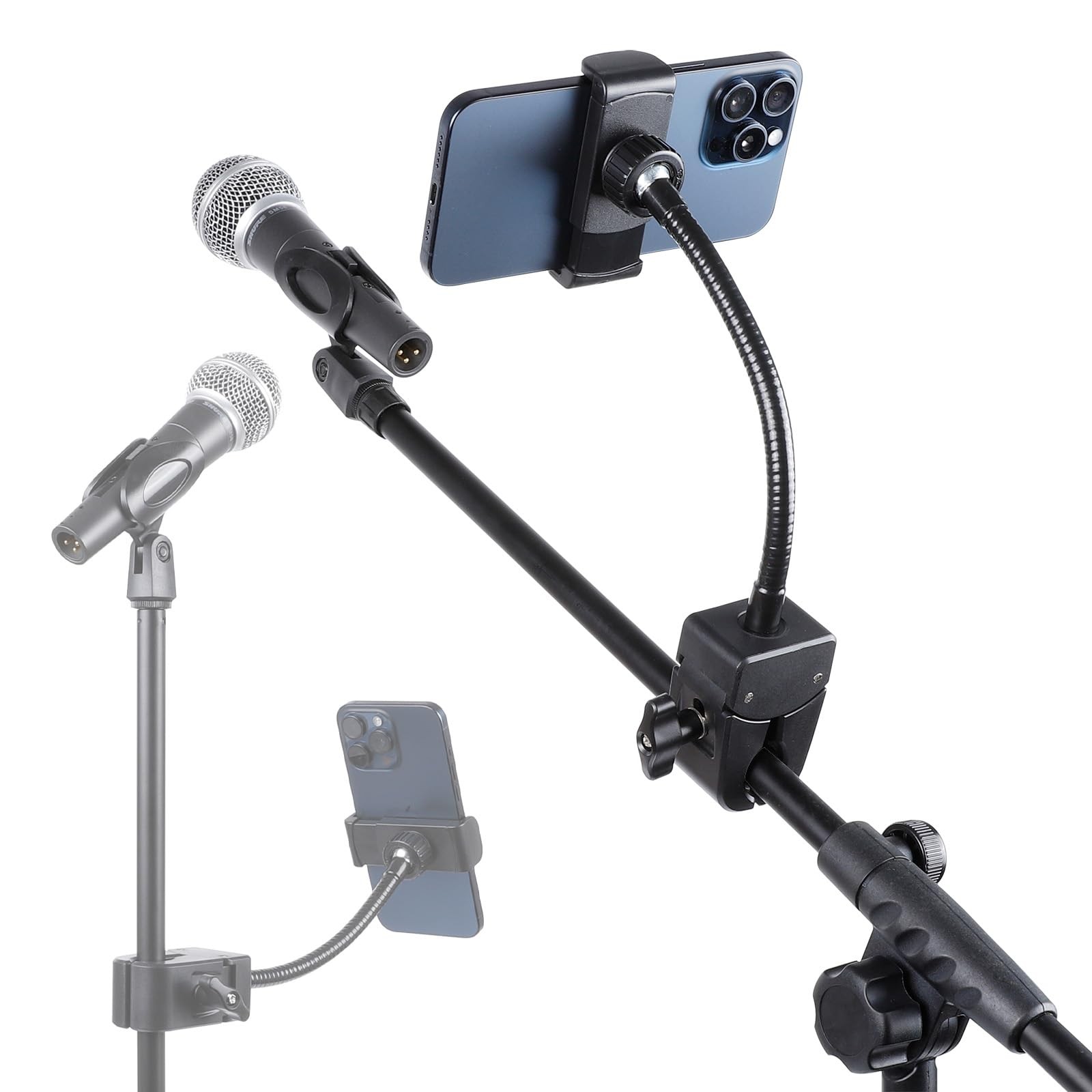 FPN Mic Stand Phone Holder, Flexible Mount with 7.9" Clip Mount, Black