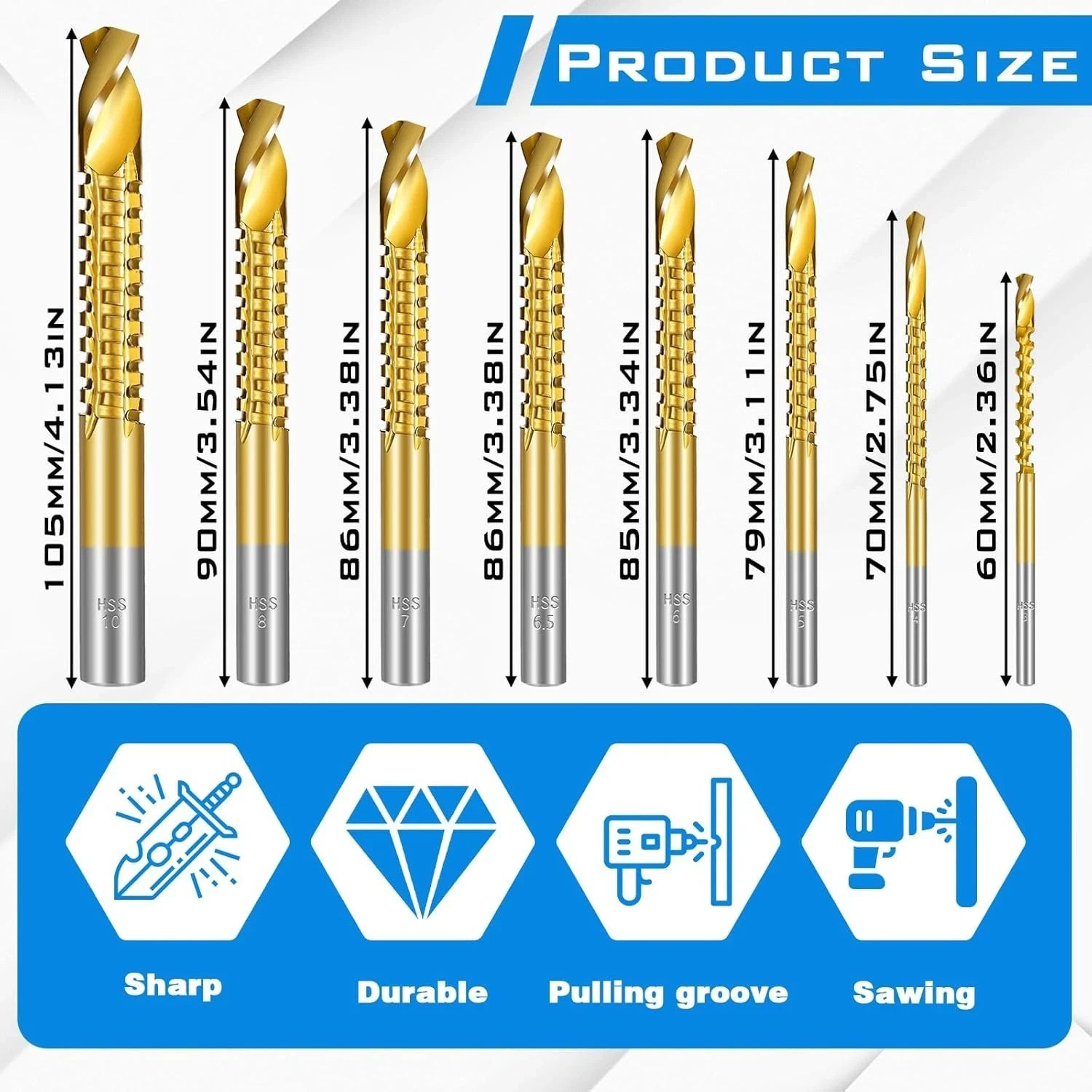 8 Pack Titanium Coated HSS Twist Drill Bits, 3-10mm Serrated Side Cutting Dri.